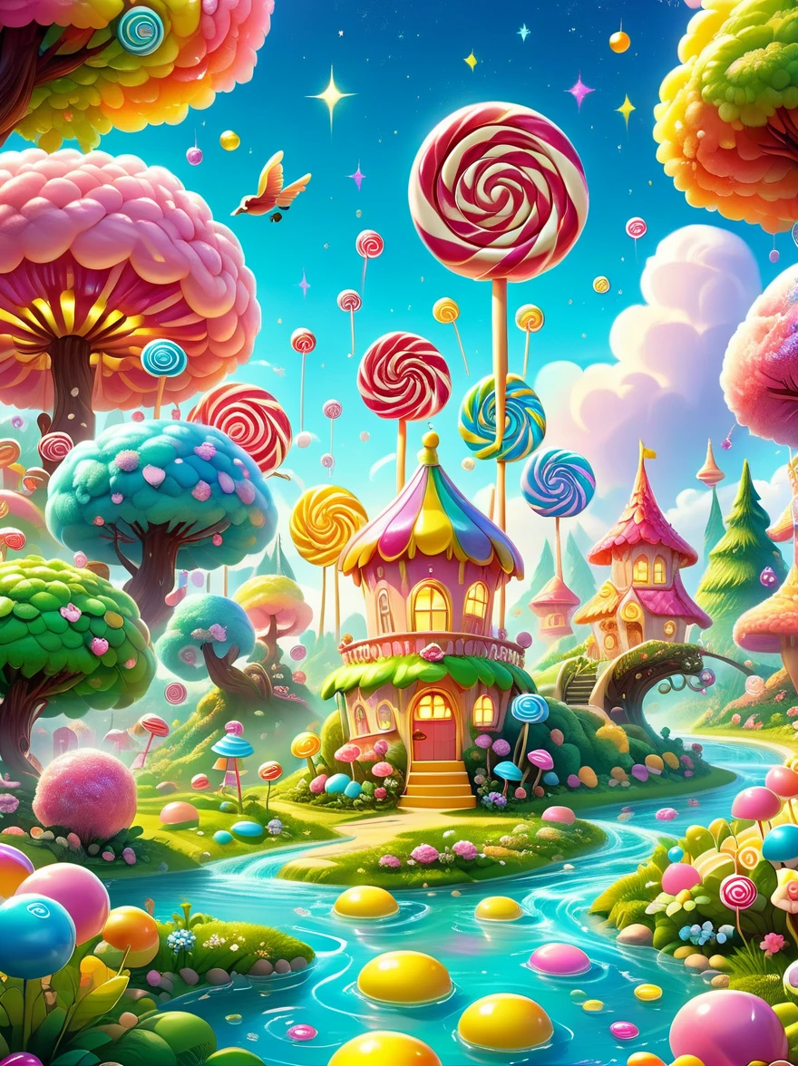 The dreamy candy paradise is set in a vast magical forest，Colorful candies tower like buildings，The candy roof shines brightly，Rainbow Bridge spans over the Honey River，The river is sparkling，Exudes a sweet aroma，There are all kinds of strange plants scattered around.，Like lollipop trees and cotton candy bushes，Adds a vivid and lively atmosphere to the scene，Tiny glitter floating in the air，It adds a touch of mystery to this paradise.，In this imaginative scene，Children are laughing and playing on the candy slide and jelly trampoline