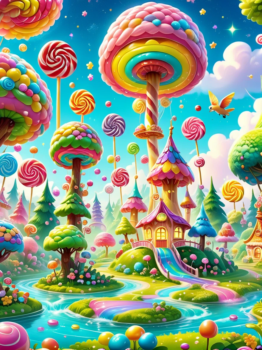 The dreamy candy paradise is set in a vast magical forest，Colorful candies tower like buildings，The candy roof shines brightly，Rainbow Bridge spans over the Honey River，The river is sparkling，Exudes a sweet aroma，There are all kinds of strange plants scattered around.，Like lollipop trees and cotton candy bushes，Adds a vivid and lively atmosphere to the scene，Tiny glitter floating in the air，It adds a touch of mystery to this paradise.，In this imaginative scene，Children are laughing and playing on the candy slide and jelly trampoline