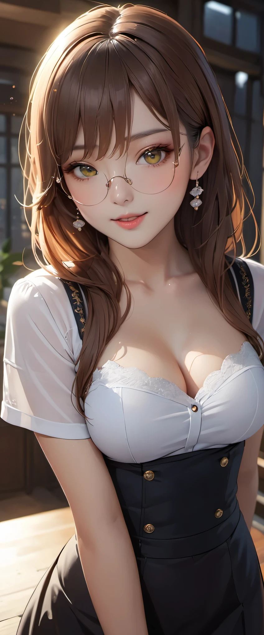 8K, table top, Raw photo, highest quality, realistic, Highly detailed CG Unity 8K wallpaper, Depth of the bounds written, cinematic light, Lens flare, ray tracing, (very beautiful face, beautiful lips, beautiful eyes), face with intricate details, ((highly detailed skin)) 1 girl, in the dark, deep shadow, cute korean girl, K-POPアイドル, 1 girl, (very slim and slender fit muscular body:1.3), ((looking at the viewer)),(big smile:1.3),  (blurred background),(no people in the background:1.3), beautiful earrings, bracelet,  clear eyes, walk, (pale skin), (Big eyes), look forward, (brown hair), (full body shot), , ((black high waist skirt)), , (looking at the viewer:1.3) open chest, very slim, medium breasts, focusing, front of eyebrows, thick thighs((white shirt:1.3)), (double breasted,under bust:1.2), short sleeve, button gap,frameless glasses,corset belt,beautiful ponytail,