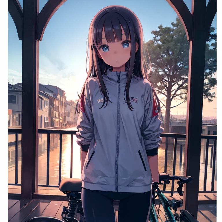 masterpiece, highest quality、Medium wide shot、cowboy shot、1. A girl with beautiful eyes、cycling、cycling、bicycle、bicycle、