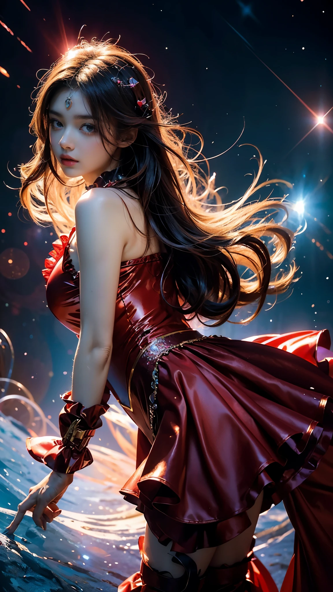 4K Ultra HD, Masterpiece, A girl with a magical aura, (good face:1.2), Long hair, Detailed eyes, Glossy lips, ta costume, (red costume:1.5), The aura around the body, Magical effect, Spread white light, Cosmic elements and ethereal atmosphere, A mix of bright lights and colorful nebulae, universe background, Perfect body,