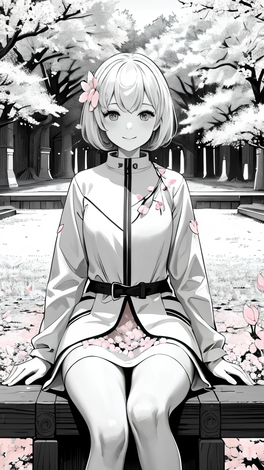 masterpiece、highest quality、High resolution、High quality images、8K.1 female、(monochrome grayscale:1.5)、skin luster、Texture of skin and clothing、detailed、Expression of fine eyes、shiny hair、Full body Esbian、platinum blonde short hair、I'm wearing a spring jacket、 (Cherry blossom trees:1.4), (A girl sitting quietly on the grass in the park:1.5), (smile:1.4)