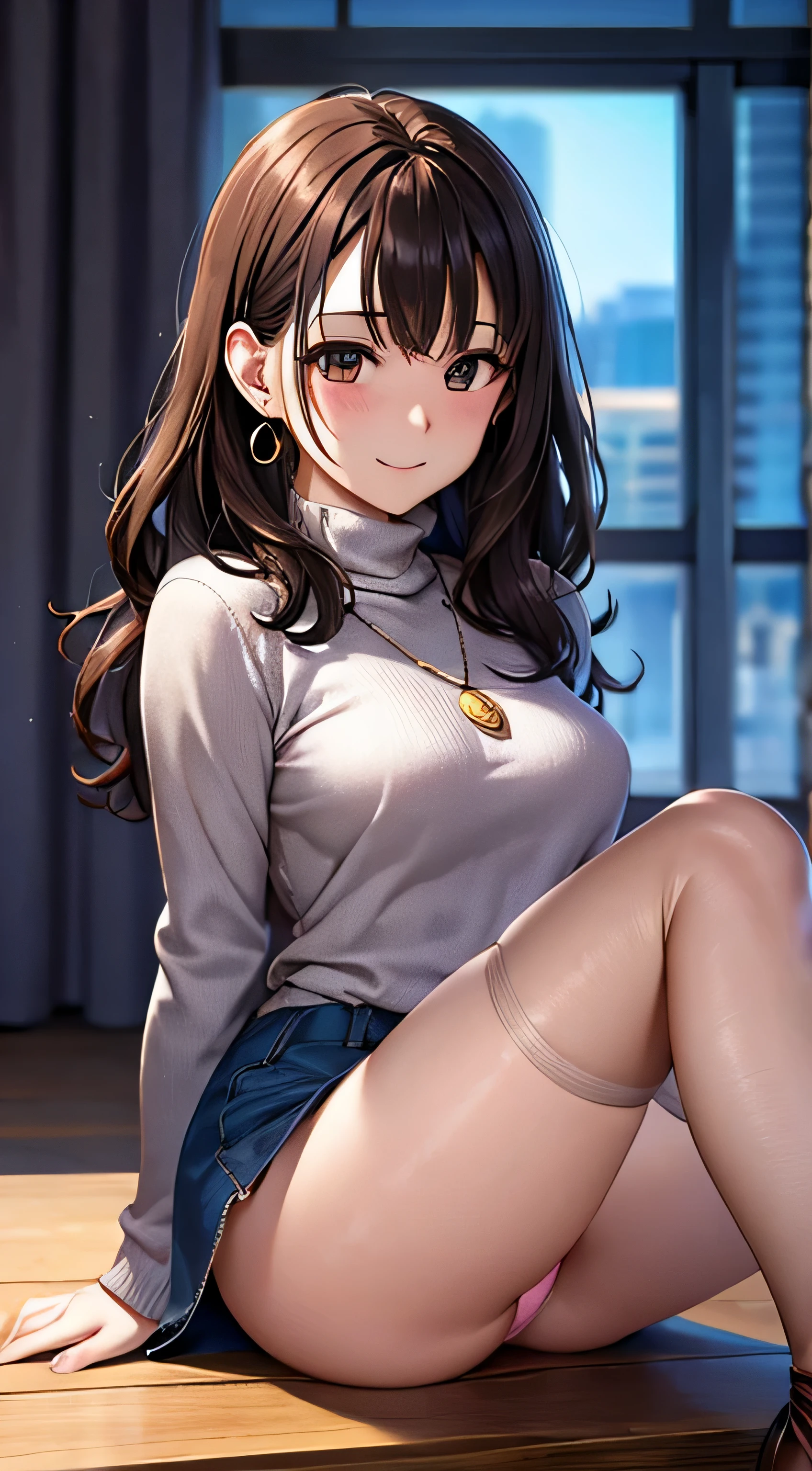 (table top, highest quality, High resolution, , perfect pixel, 4k,), 1 girl, single, alone, Beautiful woman、I could see the whole body、 ((wavy mid-length hair, bangs, brown hair)), ((brown eyes, beautiful eyelashes, realistic eyes)), ((detailed face, blush:1.2)), ((smooth texture:0.75, realistic texture:0.65, realistic:1.1, Anime CG style)), medium breasts, dynamic angle, perfect body, ((, female teacher, , earrings、necklace、turtleneck sweater、、black knee high stockings、((open both legs wide、open both knees))、Tight denim skirt、shy smile、Sitting at the pulpit、emphasize the chest、、)), Upper grade、、、evening、、(You can see her pink and white lace panties、、(、)、)、