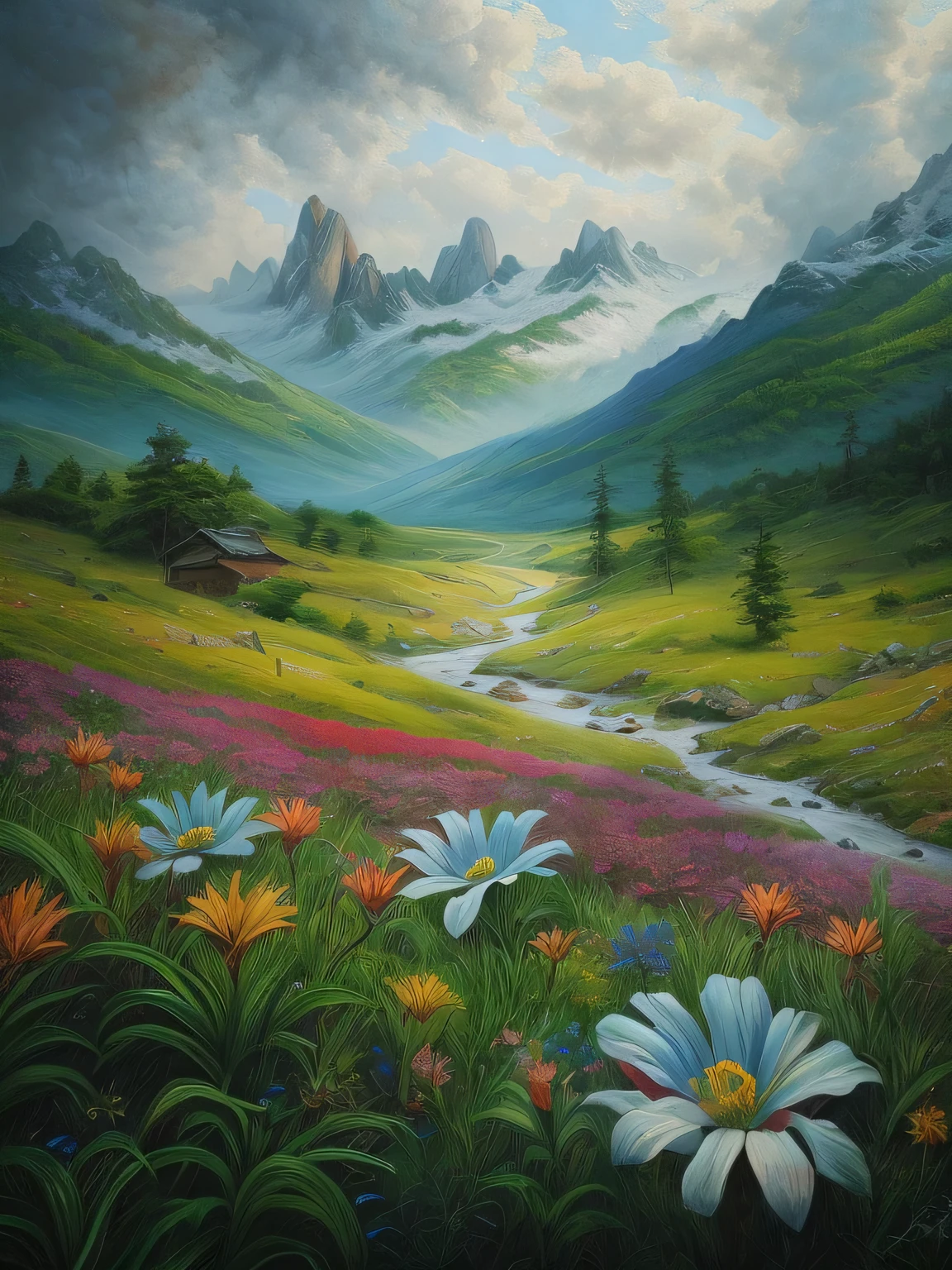 painting of a valley with a stream running through it, in a valley, valley, peaceful scenery, 8K high-definition and detailed oil painting, stunning scenery, majestic mountains, Painting landscapes, lush valley, lovely valley, Fabulous Huashan, stunning scenery, mountain scenery, Stunning paintings, Beautiful oil painting matte painting, 3D virtual landscape painting, vast lush valley flowers