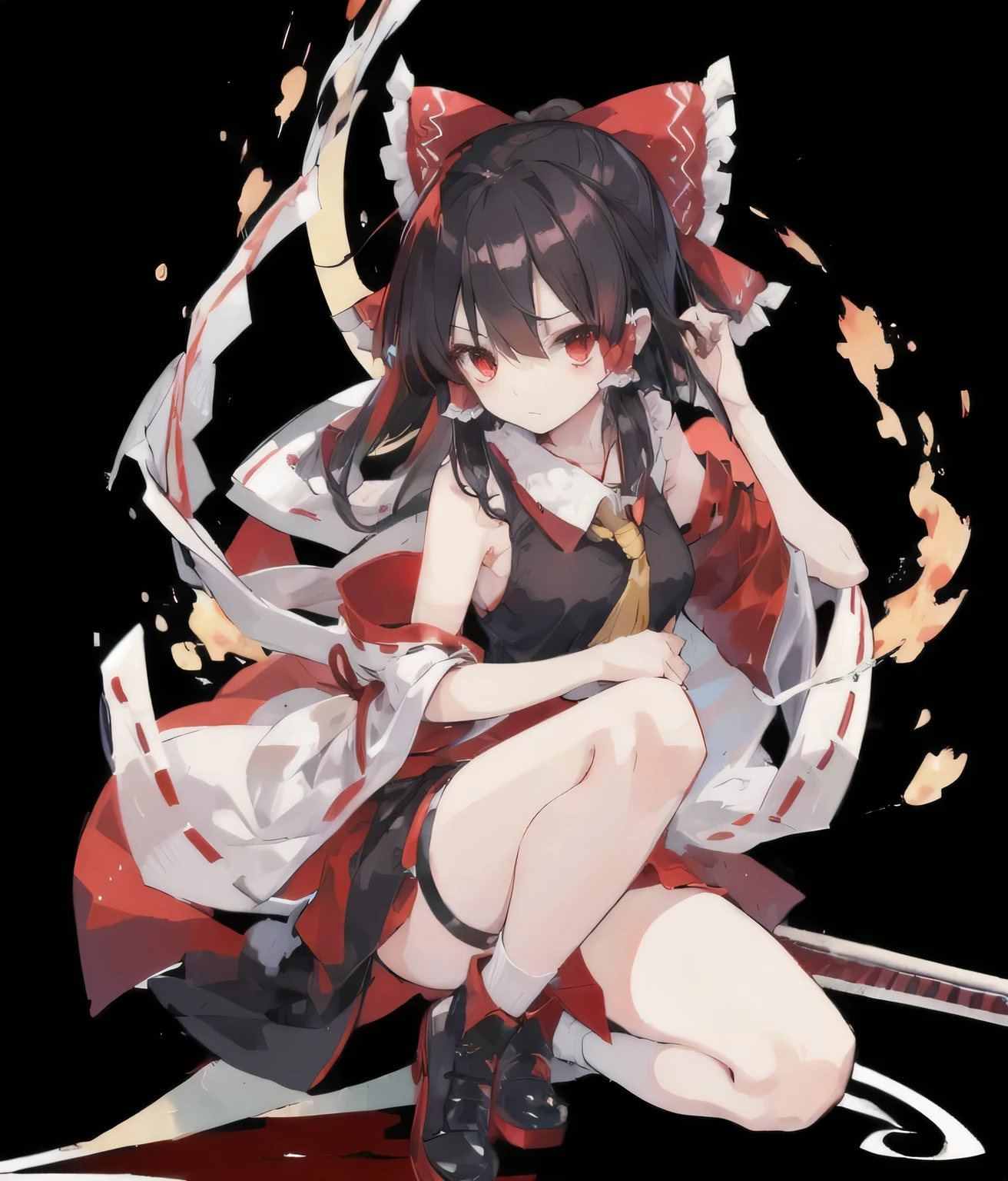 clear,clear,black,bright characters,Hakurei Reimu,clear,red eyes,short hair,Hakurei Reimu,bright characters,Lovely,Exploding Clothes Illustration,clear,night sky,lights,Many bright stars,A lot of meteors,red eyes,Two dimensions,top quality, masterpiece,hair accessories,Moderate, black and red mixed clothing,