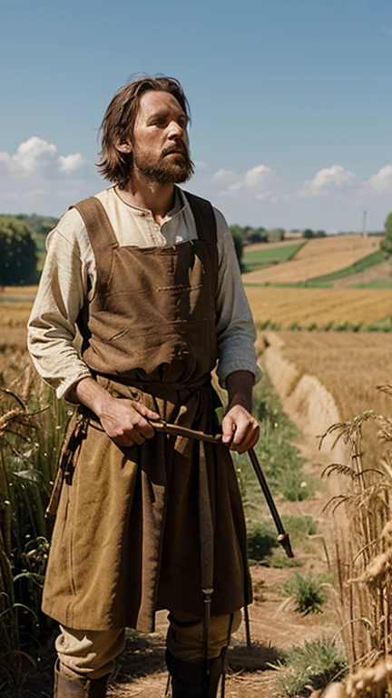 Field of wheat, golden in sunshine. Male medieval peasant, poor, ragged clothing, supporting himself on primitive wooden crutches