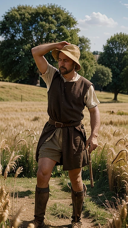 Field of wheat, golden in sunshine. Male medieval peasant, poor, ragged clothing, supporting himself on primitive wooden crutches