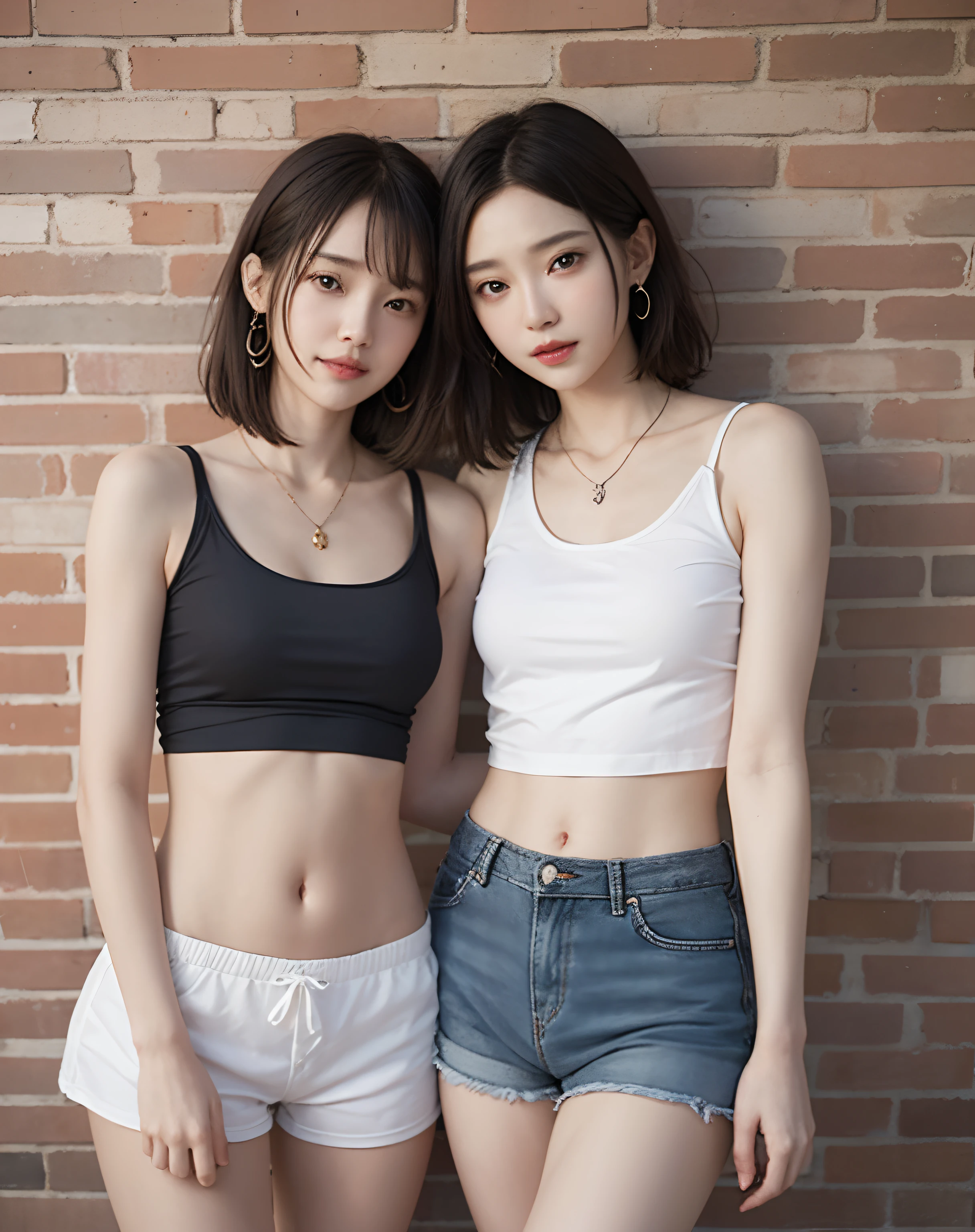 Two women in shorts are taking pictures in front of a brick wall, Photorealistic perfect body, realistic shaded perfect body, 4 k photorealism, 4k photorealism realistic 3D style, 4 k digital art, wlop glossy skin, Photorealistic art style, 3d realistic、(((flat chest)))、short-hair、a necklace、ear piercings、Tight tank top、Navel is visible、ssmile、kiss face