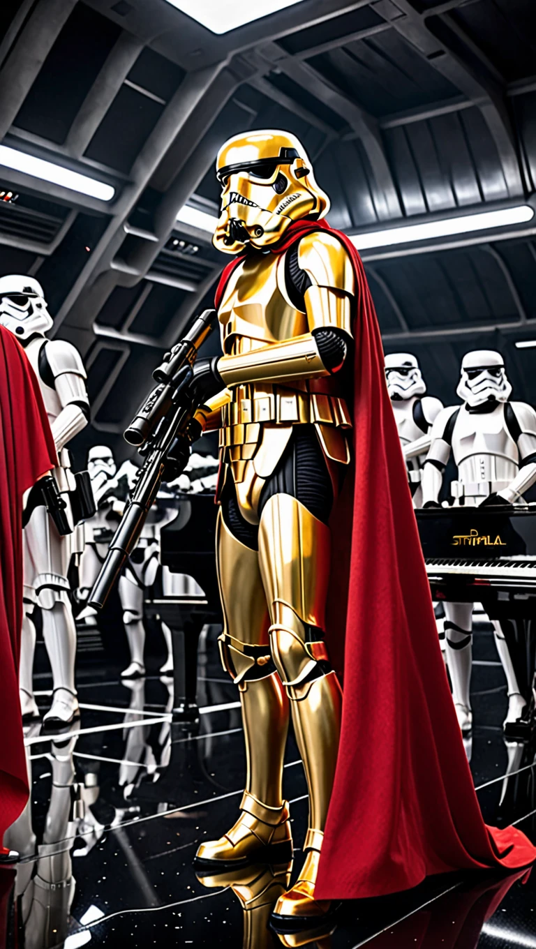 A Photorealistic Gold Stormtrooper, he's holding a blaster while wearing a red cape, the cape covers one of his shoulders and back, he's facing the camera, he's inside an imperial ship's large futuristic hangar, black piano floor, there are random stormtroopers behind him, there are landed tiefighters behind them.