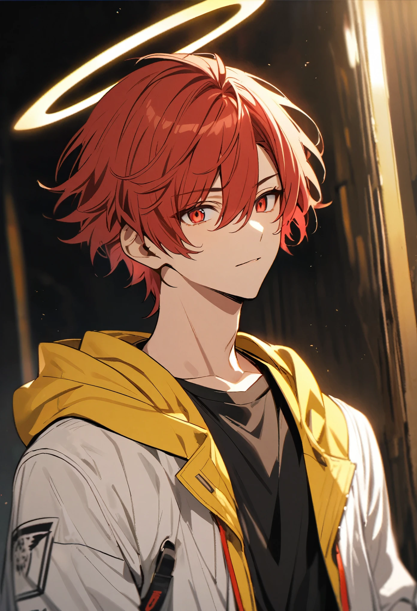 Handsome, male, short hair, red hair, red eyes, black shirt, yellow hooded, white coat, halo