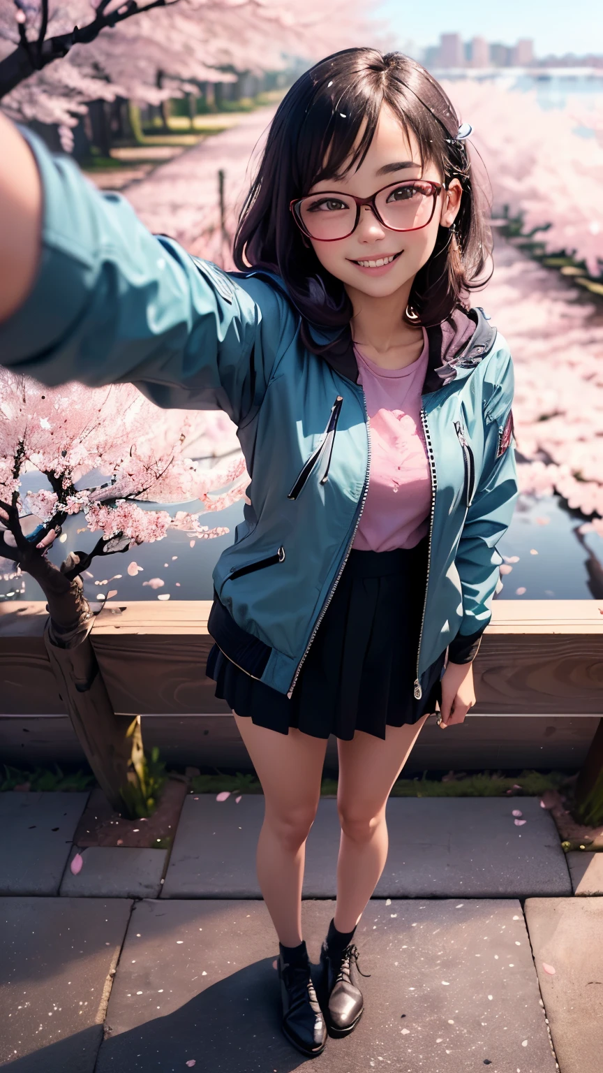 (Selfie of a girl wearing a spring jacket and a spring shirt:1.5), original,(figure:1.2 black and white),(highest quality), (masterpiece:1.2), (Highly detailed 8K unit wallpaper, black and white image, Made of HB graphite pencil, (panoramic photo:1.4),(full body:1.1), (splash of water),((graphite)), sharp focus, one girl standing, Intellectual intellectual, Wearing big round glasses, (Cherry blossom trees:1.4),(smile:1.4)