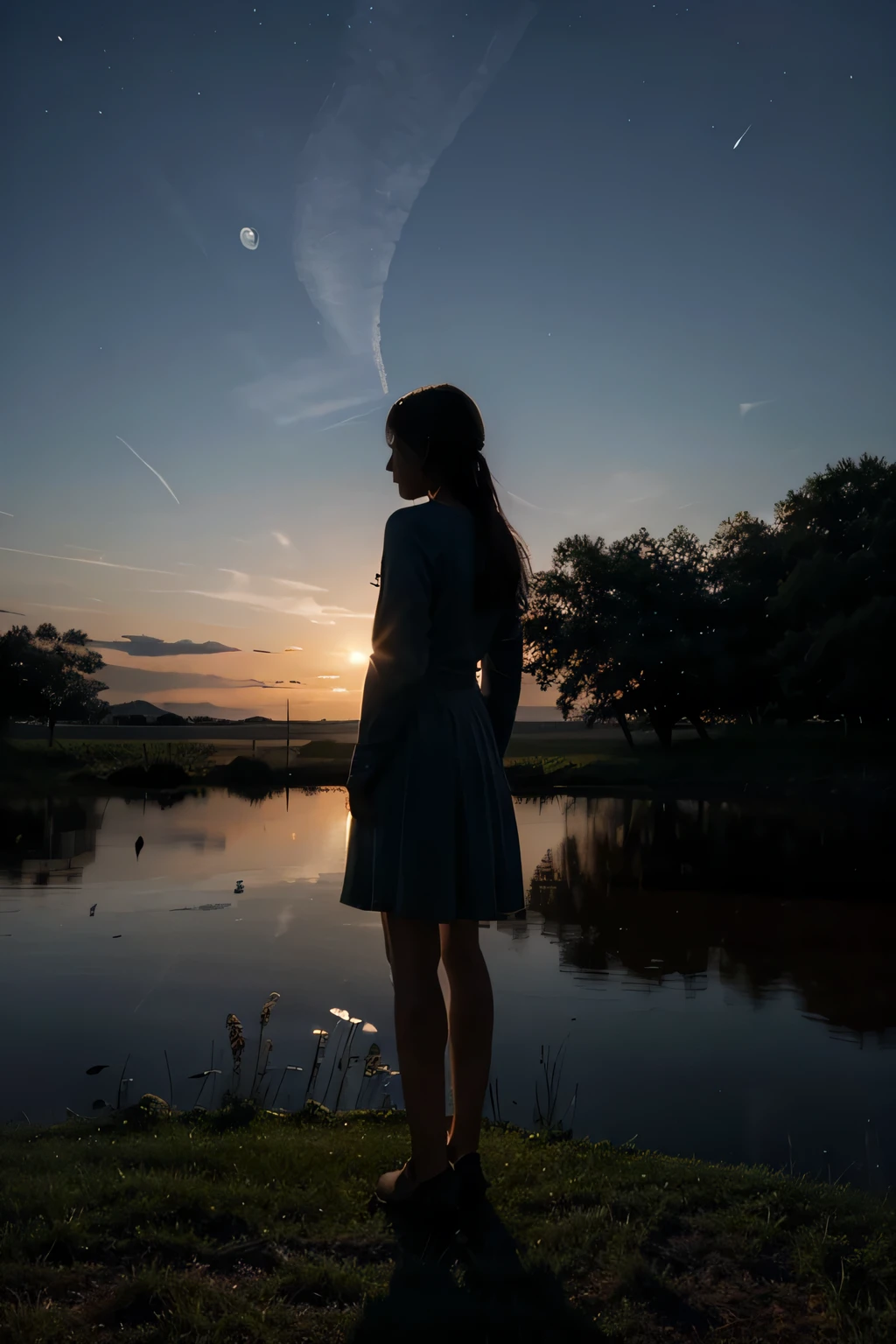 Serene countryside bathed in moonlight,  with silhouette and a girl standing in the center fantasy magical