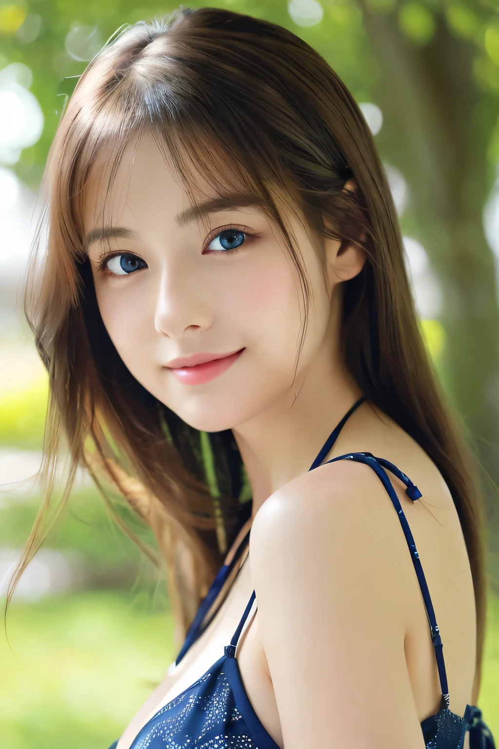 (((32k,high details,high detail、masterpiece,attention to detail,alone))),Raw photo & realistic atmosphere,beautiful dark blue eyes,detailed mouth,glossy lips,thin eyebrows,fine eyes、Soft white skin that shines in every detail、her deep black eyes are so beautiful,lip details、very beautiful face,very well-shaped face、lifelike face,shining beautiful lips,beautiful eyebrows,infinite reality, Realistic young gravure idol,she'she'she'she'she'she's a very cute woman , young gravure idol, young gravure idol, Very beautiful and cute 21 year old beautiful girl,incredibly beautiful and classy,21 year old beautiful girl,natural soft light,(shiny hair,,Beautiful and kind eyes:1.5),gentle smile,well-shaped chest,medium long hair,tie hair,beautiful posture,no makeup,think ahead,bikini,Nurse figure,