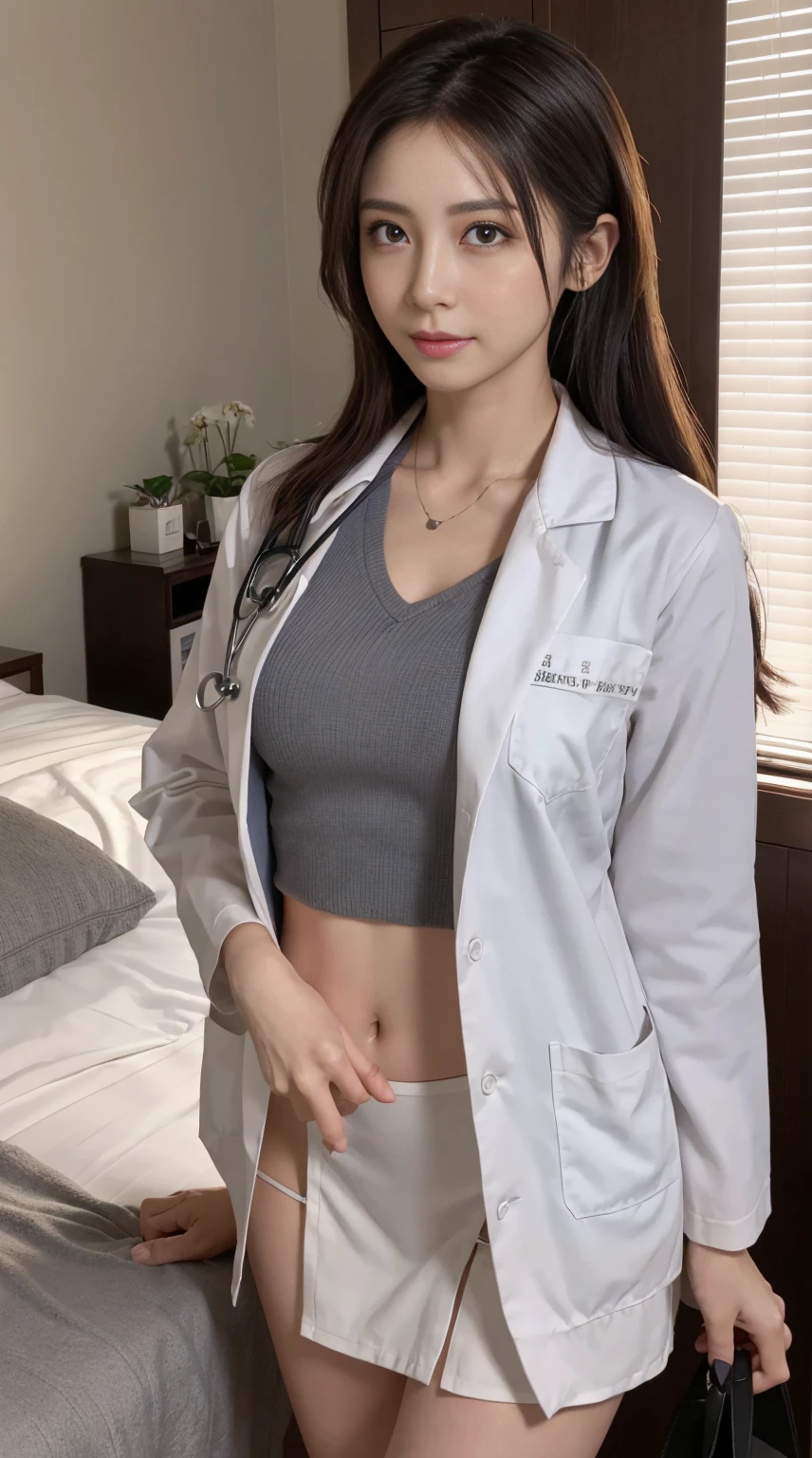 wearing a white coat, doctor, scrubs, wearing a white coat, medical doctor,open chest、Be braless、You can see the protrusion of the nipple,super mini skirt、A woman with the same face as last time(misaki),4K、1people's women、slender、 Loose wavy styling 、seductive and attractive、full body shot,Including face and skin texture,detailed eyes、a seductive look