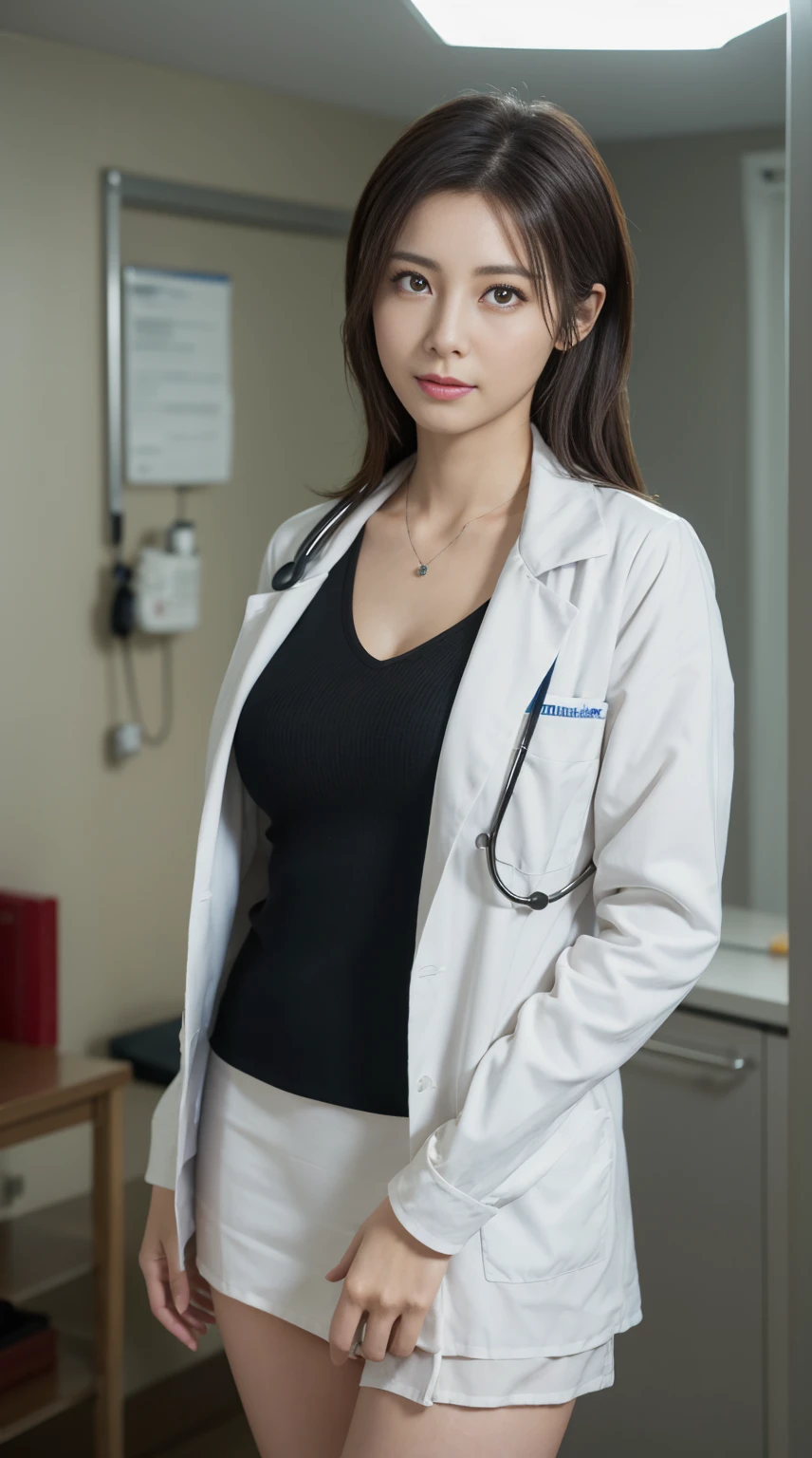 Photorealistic beautiful doctor、amazingly beautiful、doctor'white clothes, collared shirt、(highest quality、8K、32k、masterpiece、nfsw:1.3)、ultra high resolution,(Photoreal:1.4),Raw photo, detailed face,,beautiful hair, ((doctor style)), , black mini tight skirt、 natural makeup,, big and full breasts、Inside the hospital, detailed background, perfect lighting, Depth of written boundary, beautiful shadow gradation,Stethoscope ,NSFW、Beautiful female doctor、Fall in love、Her underwear is visible、