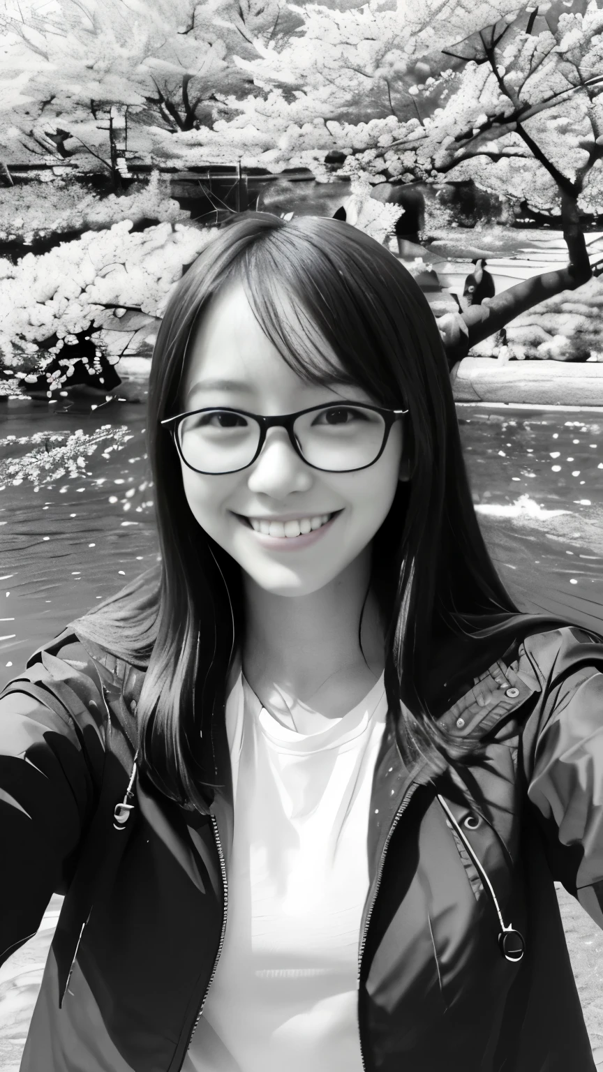 (Selfie of a girl wearing a spring jacket and a spring shirt:1.5), original,(figure:1.2 black and white),(highest quality), (masterpiece:1.2), (Highly detailed 8K unit wallpaper, black and white image, Made of HB graphite pencil, (panoramic photo:1.4),(full body:1.1), (splash of water),((graphite)), sharp focus, one girl standing, Intellectual intellectual, Wearing big round glasses, (Cherry blossom trees:1.4),(smile:1.4)