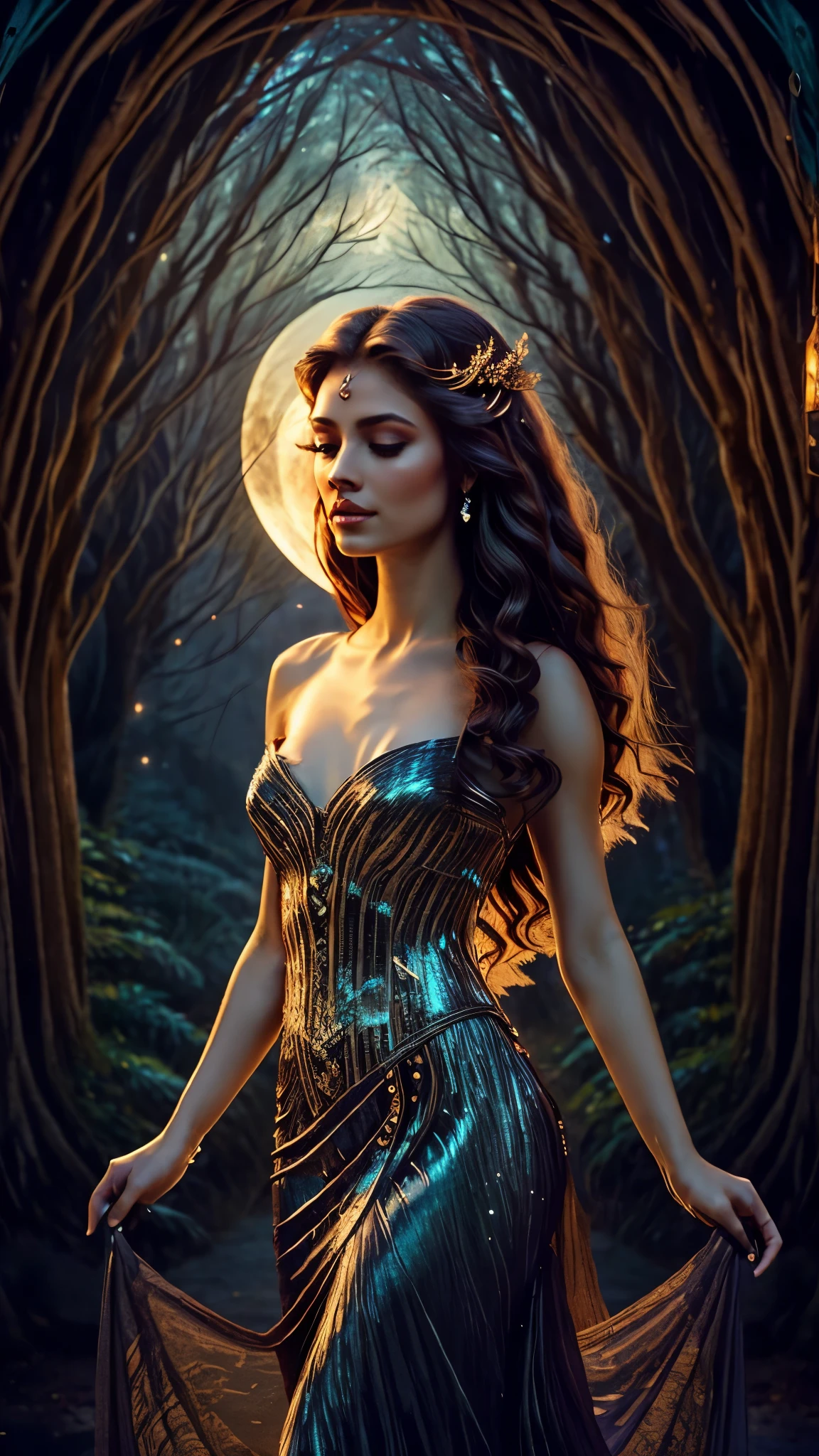 (bests),ultra-detailed,(photo-realistic:1.37),ethereal half-wolf half-woman,celestial forest at night,beautiful detailed eyes,beautiful detailed lips,extremely detailed eyes and face,longeyelashes,soft long hair,flowing dress,glowing skin,marvelous purple and blue tones,mysterious atmosphere,moonlit lighting,sparkling stars,dense fog,whispering trees,mystical aura,tranquil surroundings,silence interrupted by the sound of howling,wisps of magic in the air,wolf traits blending with feminine elegance,majestic posture,moonlight reflecting on her ethereal form,enchanting gaze,captivating presence,otherworldly beauty,dreamlike ambiance,mystical bond with nature,graceful movements that echo the forest's rhythm,dark shadows intertwining with moonlight reflections,fleeting glimpses of the wolf within her,hint of a secret,unexplored depths within her eyes,sense of wonder and mystery,peaceful harmony between human and beast,the night embracing her earthly and wild essence
