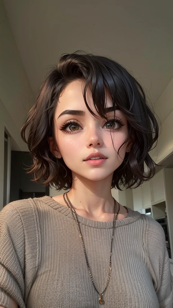 Beautiful girl , black hair, tank top, slim fit body wavey short hair
