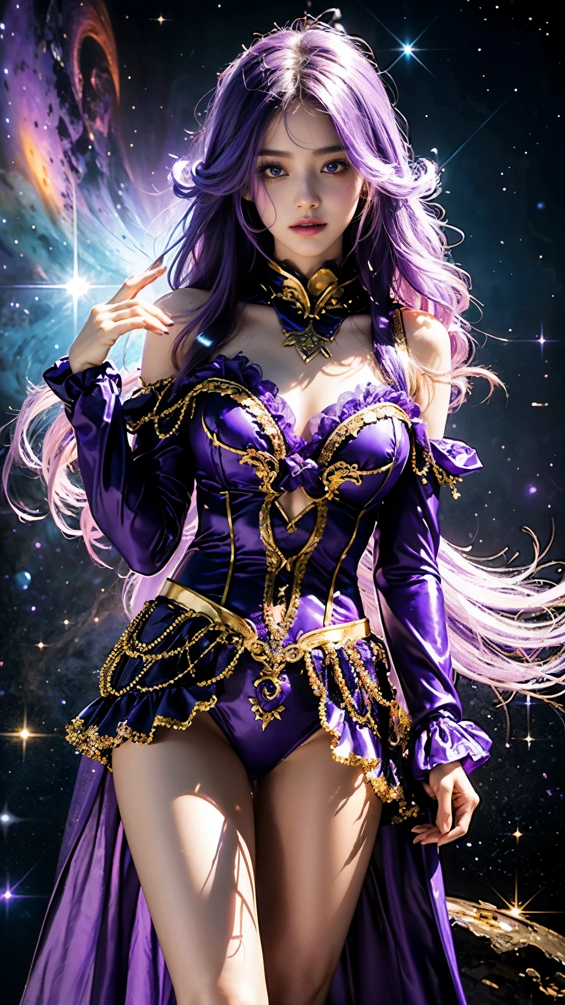4K Ultra HD, Masterpiece, A girl with a magical aura, (good face:1.2), very Long hair, Detailed eyes, Glossy lips, ta costume, (purple costume:1.5), The aura around the body, Magical effect, Spread white light, Cosmic elements and ethereal atmosphere, A mix of bright lights and colorful nebulae, universe background, Perfect body,
