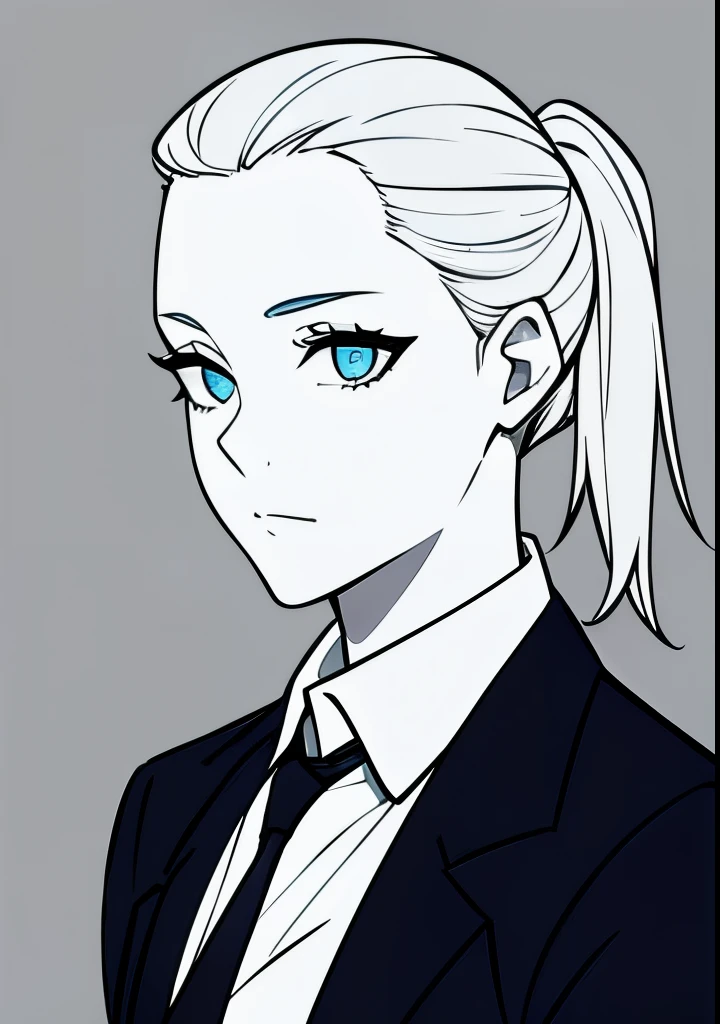 One Young Adult female, pale blonde slicked back into a short ponytail with a single bang on the left hand side, steel blue eyes, light and carefree expression, wearing black suit jacket and tie, portrait style, facing forwards