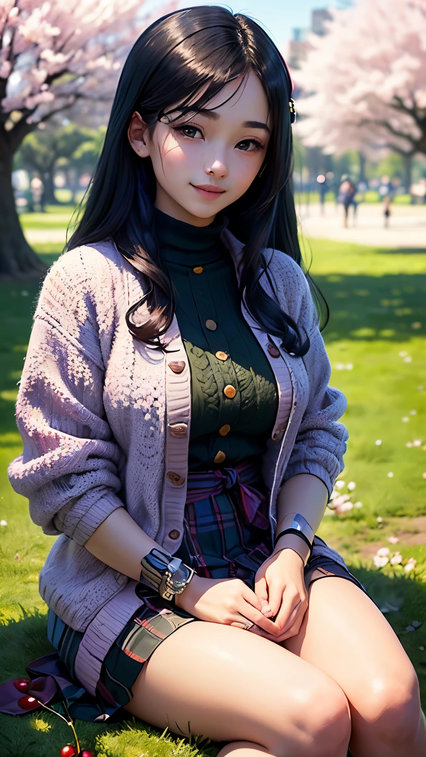 masterpiece, highest quality, 1, (A girl wearing a knitted jacket and a spring shirt:1.5), put one&#39;s hand in one&#39;s pocket, black hair, black eye, street, monochrome, line drawing  、Physically based rendering photo of an 18 year old female, (2 girls:1.3), ,(japanese idol:1.3), (cute:1.3), (cute顔:1.3), (long hair, dark black hair), (high definition skin:1.2), (super delicate face, Super delicious, very delicate black eyes, highly detailed nose, super detailed mouth, big breasts), (Cherry blossom trees:1.4), (A girl sitting quietly on the grass in the park:1.5), (smile:1.4)