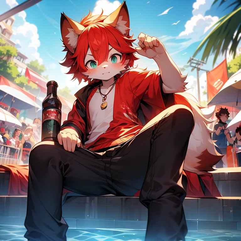 youth，Shota，red hair ，male， sitting， Masterpiece， high resolution，8K，Detailed background，high quality， boys，looking at the audience，perspective，View from the front，shorter pants，male焦点，Wolf&#39;s facial features，Wearing a necklace，swimsuit