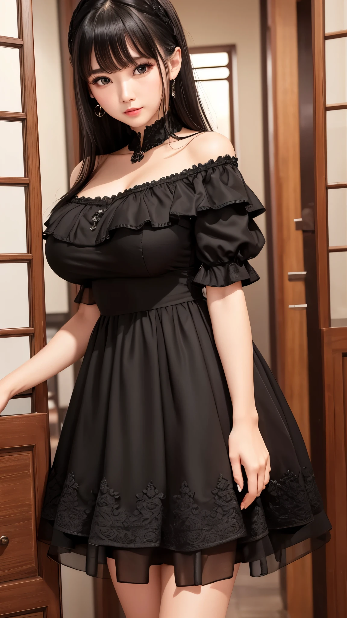 ((highest quality)), ((8k)), (detailed face), (highlight), Asian、woman、Big breasts、bangs、black hair、off shoulder、ruffle dress、