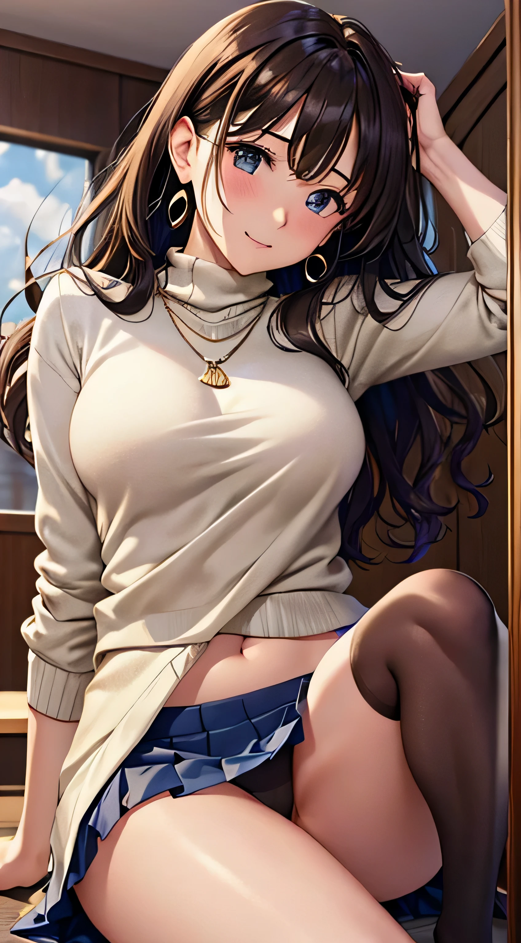 (table top, highest quality, High resolution, , perfect pixel, 4k,), 1 girl, single, alone, Beautiful woman、I could see the whole body、 ((wavy mid-length hair, bangs, brown hair)), ((brown eyes, beautiful eyelashes, realistic eyes)), ((detailed face, blush:1.2)), ((smooth texture:0.75, realistic texture:0.65, realistic:1.1, Anime CG style)), soft chest, dynamic angle, perfect body, ((,, , earrings、necklace、Beige turtleneck sweater、dark blue pleated skirt、black knee high stockings、open both legs wide、open both knees、open both arms、shy smile)),、、、、(luxury hotel bed、sleep on your back)、、、(You can see the light blue and white lace panties))、angle from below)、