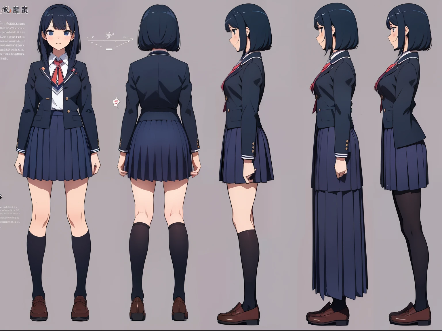 Skirt, high school girl, Joshi kosei, , multiple postures, various angles, (front, back, side), character sheet, model sheet, reference sheet.