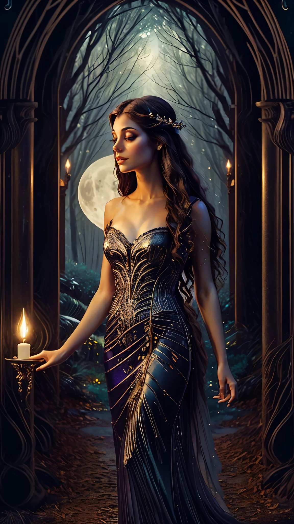 (bests),ultra-detailed,(photo-realistic:1.37),ethereal half-wolf half-woman,celestial forest at night,beautiful detailed eyes,beautiful detailed lips,extremely detailed eyes and face,longeyelashes,soft long hair,flowing dress,glowing skin,marvelous purple and blue tones,mysterious atmosphere,moonlit lighting,sparkling stars,dense fog,whispering trees,mystical aura,tranquil surroundings,silence interrupted by the sound of howling,wisps of magic in the air,wolf traits blending with feminine elegance,majestic posture,moonlight reflecting on her ethereal form,enchanting gaze,captivating presence,otherworldly beauty,dreamlike ambiance,mystical bond with nature,graceful movements that echo the forest's rhythm,dark shadows intertwining with moonlight reflections,fleeting glimpses of the wolf within her,hint of a secret,unexplored depths within her eyes,sense of wonder and mystery,peaceful harmony between human and beast,the night embracing her earthly and wild essence