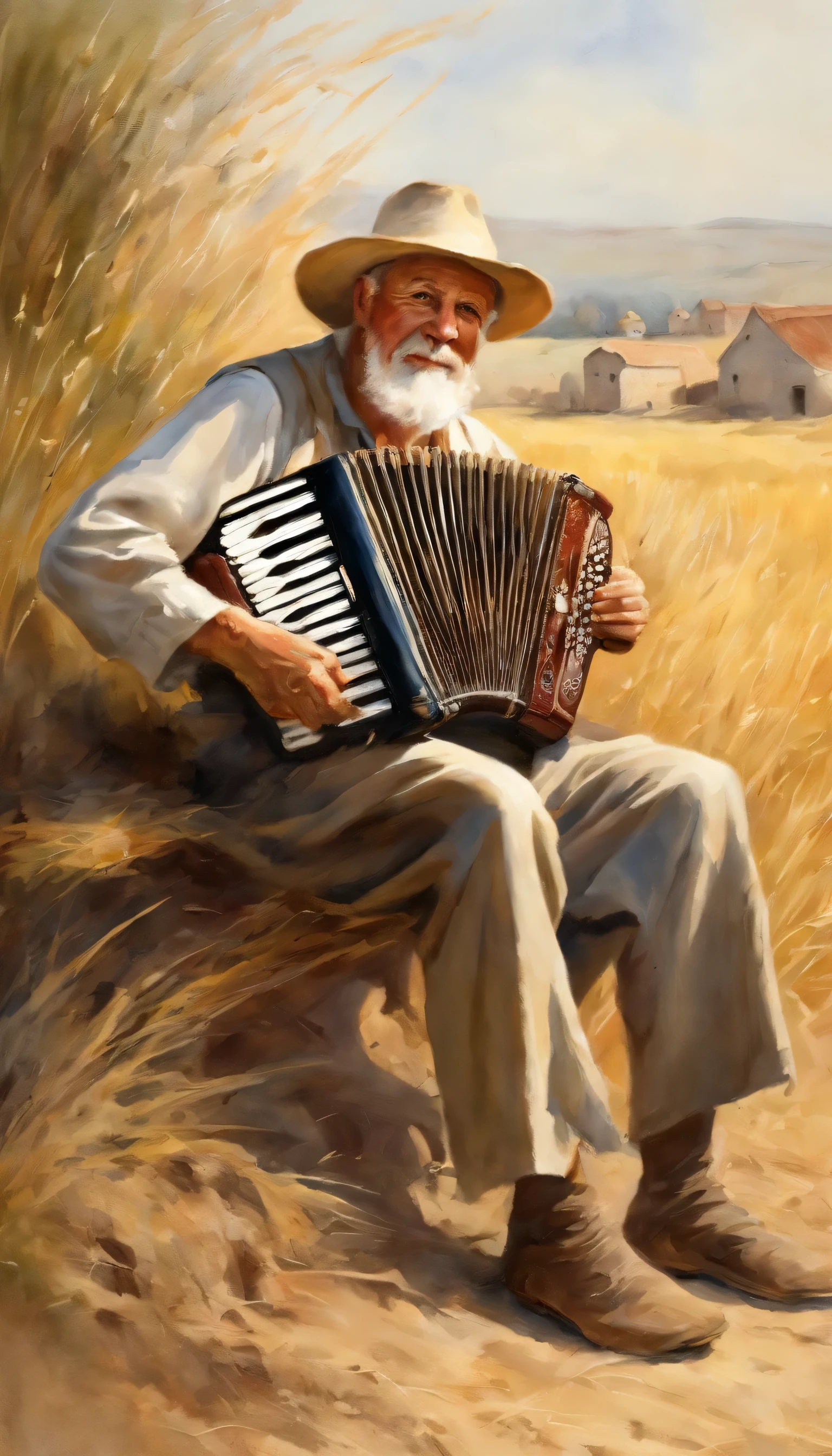 An old man playing the accordion sitting next to a grain pile on a farm,The background is a wheat field in the distance(Chinese ink painting style),ink painting style,Soft light and shadow,(Poetic landscape painting),8k wallpaper,Light and shadow effects,Tyndall,Render by Octane,white balance,extremely detailed pictures,depth of field,masterpiece,realistically,Rays