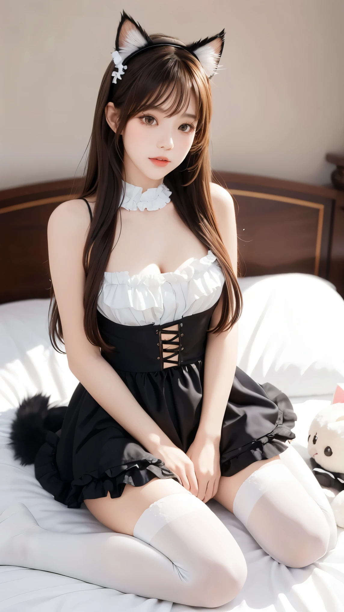 1girl, solo, long hair, breasts, looking at viewer, bangs, brown hair, thighhighs, dress, animal ears, brown eyes, sitting, closed mouth, full body, frills, sleeveless, indoors, cat ears, white dress, blurry, white thighhighs, lips, pillow, bed, blurry background, fake animal ears, on bed, wariza, stuffed toy, between legs, realistic, bedroom