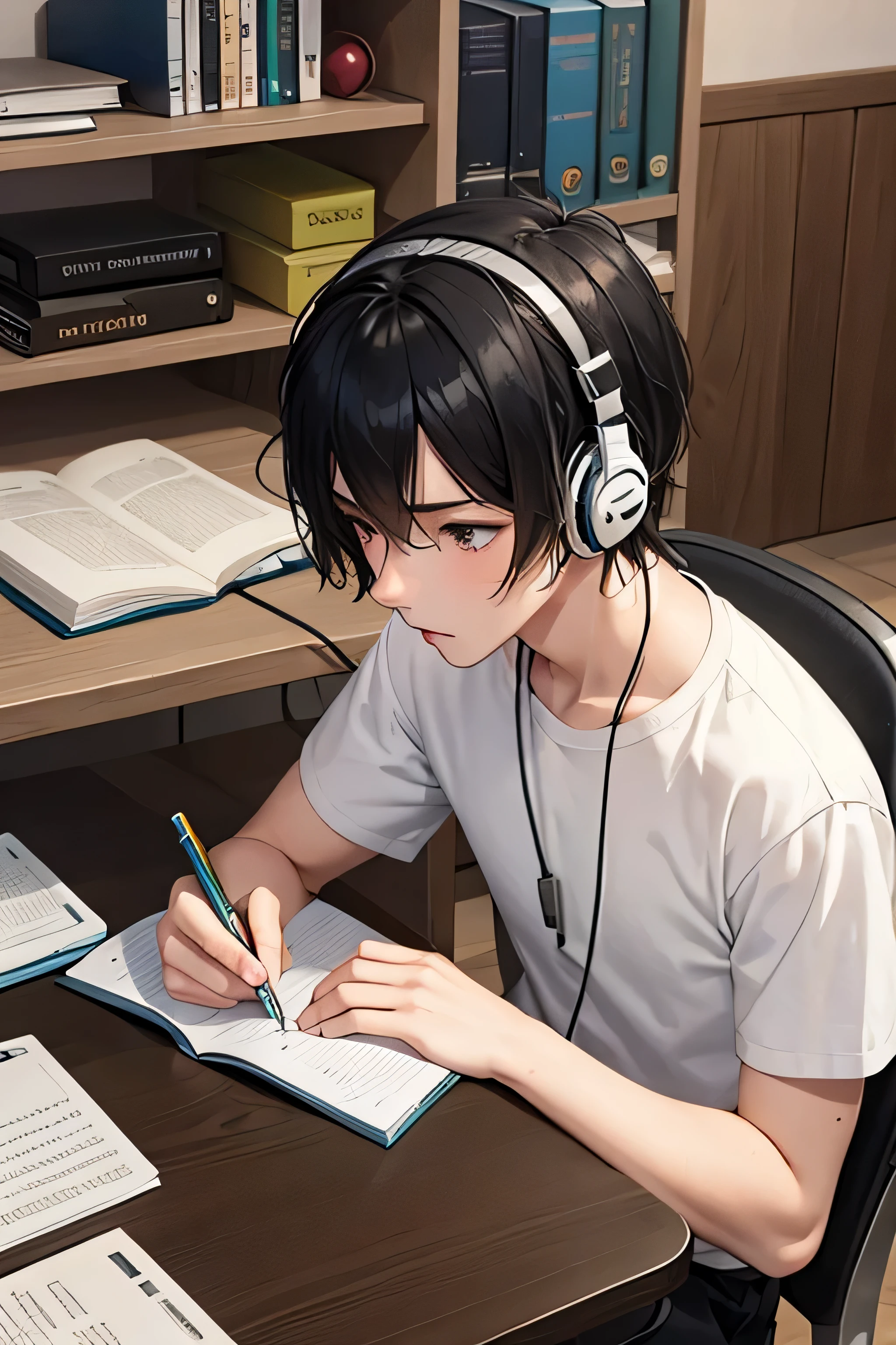 Generated image for 'Generate passport photo size of anime boy of age 18 studying on his study table preparing for exam black hair'wearing headphones looking in notebook