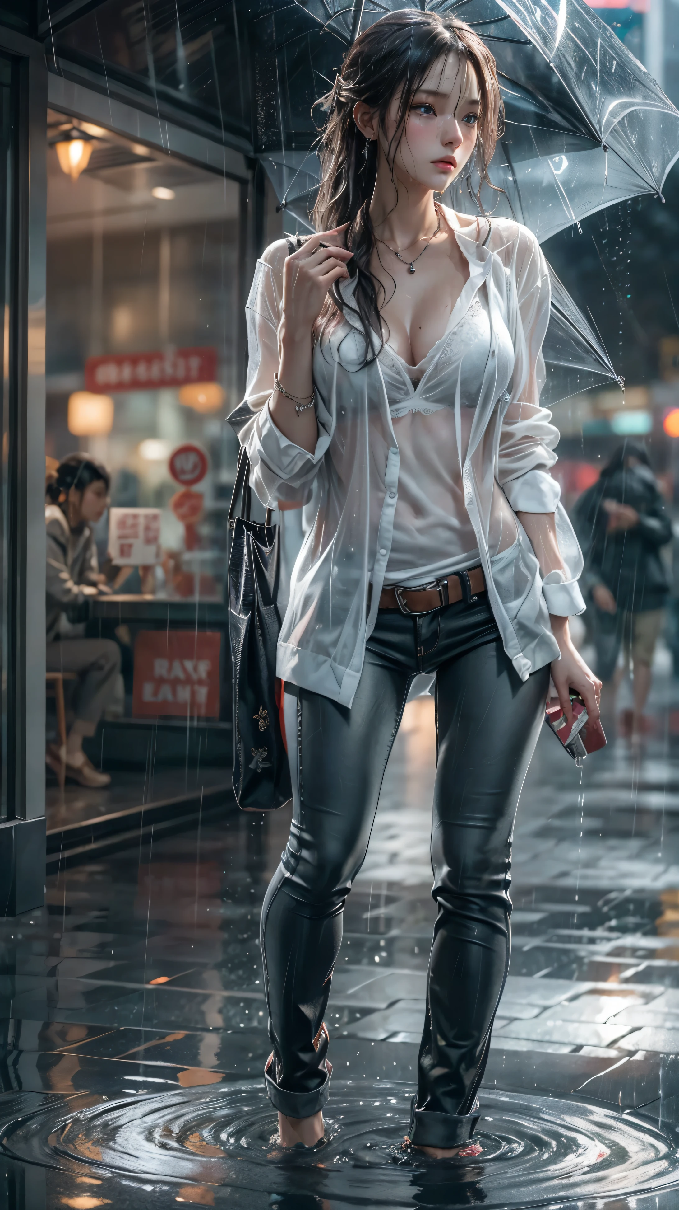(Photoreal:1.5, 8K, of the highest quality:1.3, obra maestra, ultra high resolution), ((Heavy rain from typhoon)), Texturas faciales y de piel muy detalladas.:1.3, Perfect dynamic composition:1.2, (ciudad moderna de noche, Frente al supermercado de noche, sad expression:0.7), las lagrimas estan fluyendo:0.7, cry with a broken heart:0.7), Wet slim office lady in the rain:1.2, tiro de vaquero, Piel blanca:1.2, Belleza sexy:1.1, Estilo perfecto:1.2, hermoso y estetico:1.1, cara muy hermosa:1.2, gotas de agua en la piel, (la lluvia gotea por todo mi cuerpo:1.2, cuerpo mojado:1.2, by damp:1.3), (Sosteniendo una bolsa de compras mojada:1.2, How to properly wear wet casual clothing:1.3), belt, (Pecho mediano, el sujetador es transparente, espacio en el pecho), (Ojos grandes que rezuman hermoso erotismo.:0.8, encanto adulto:0.8, Fascinante:0.8), collar, pendientes, pulsera, anillo de bodas, Very detailed and accurate representation of hands and fingers