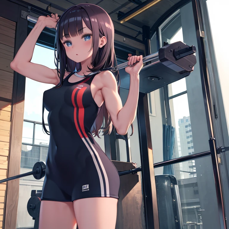 masterpiece, highest quality、Medium wide shot、cowboy shot、1. A woman with beautiful eyeature woman、muscular woman、entrance to、Gym、gym、barbell、Lifting the barbell、