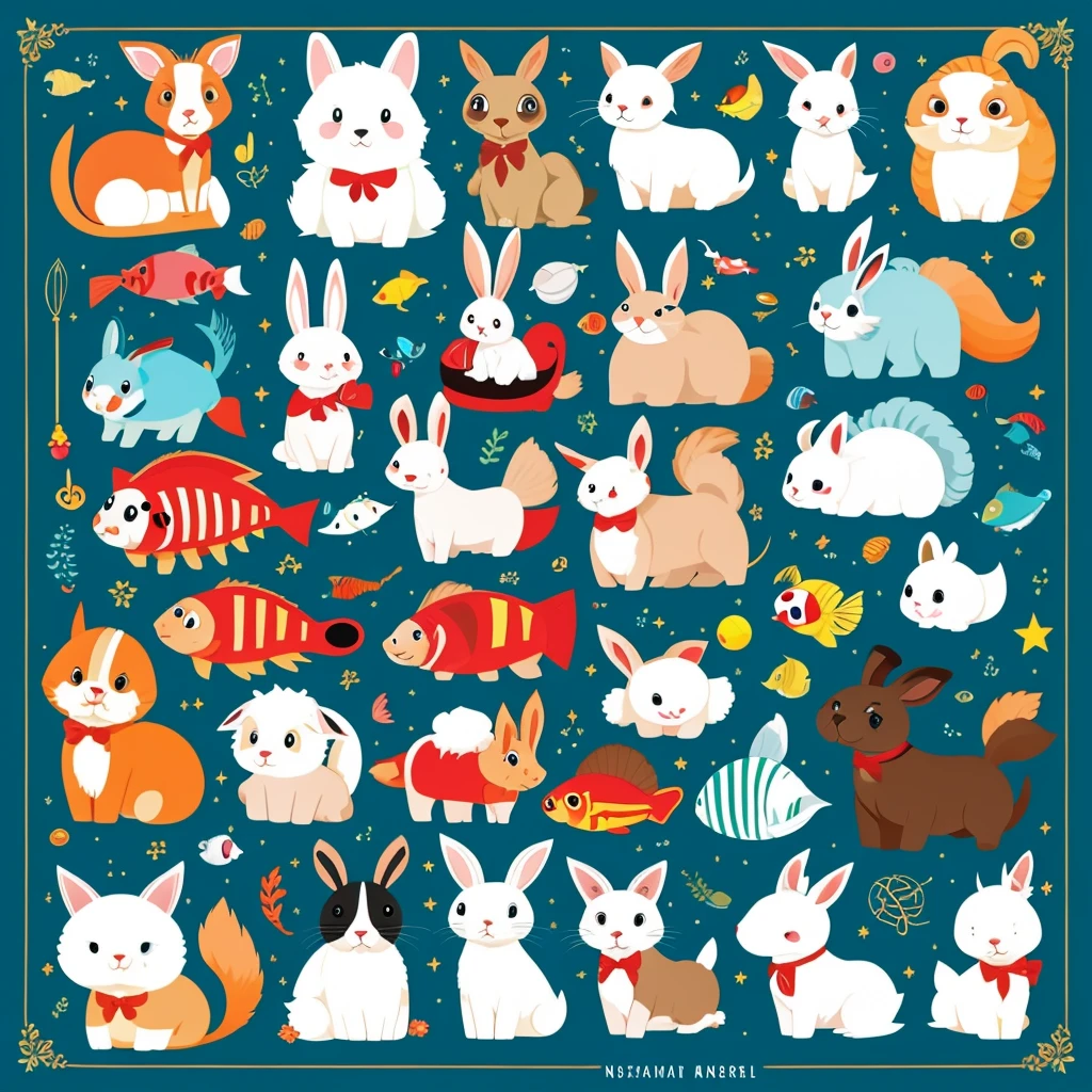 collection of cartoon animals kitten rabbit puppy goat squirrel nightingale fish neo