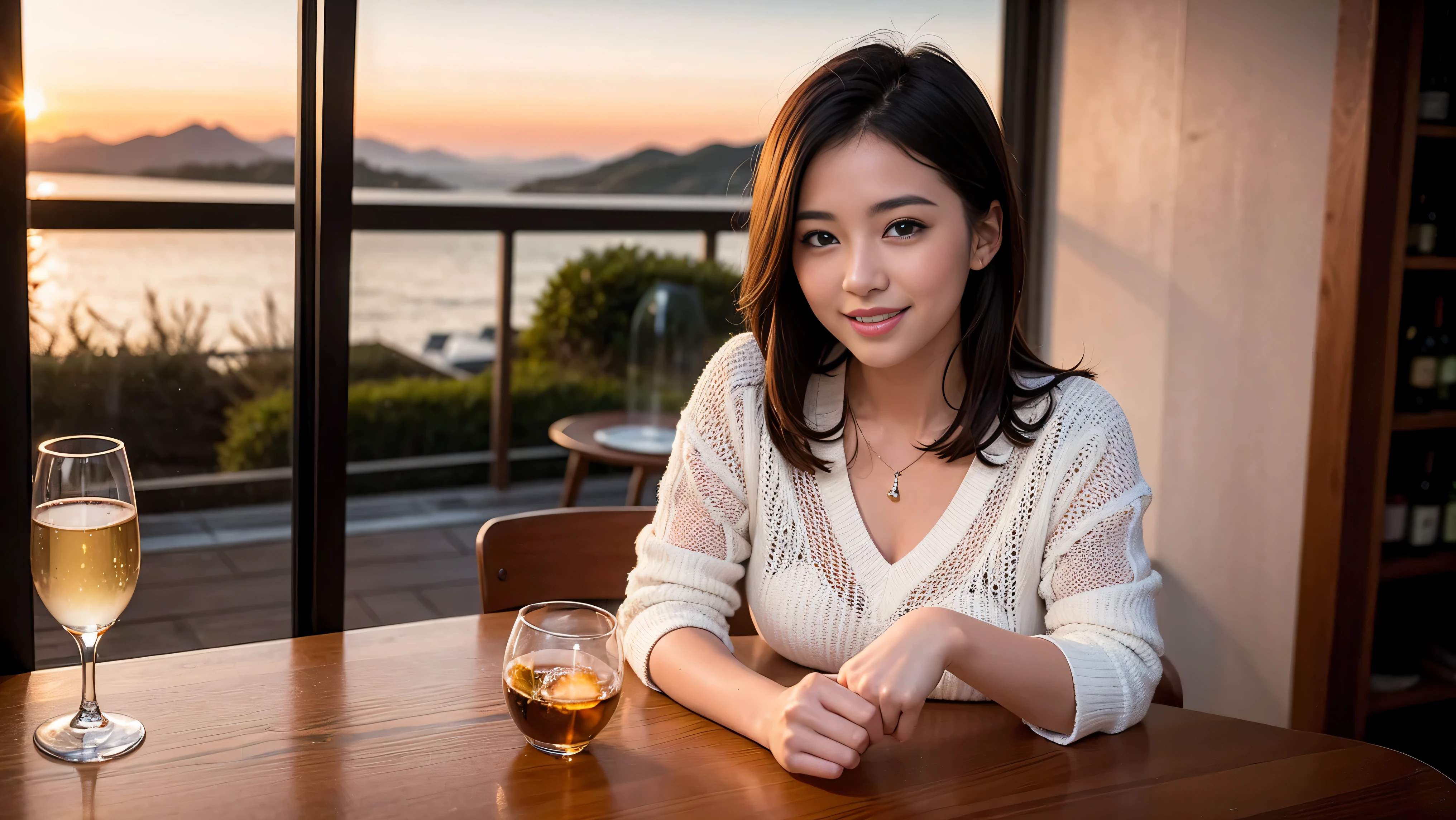 ((highest quality、8K、masterpiece:1.3))、sharp focus:1.2、beautiful woman perfect body:1.4、slim abs:1.2、((Bob Hale、straight hair:1.2))、(to be born, highest quality, masterpiece:1.5), (realistic, intricate details:1.2), ultra high resolution, confused,bright image、2 Wine Beauties, beautiful face, blue eyes, fine eyes, symmetrical eyes, light shines on your face, blush your nose, short hair,Spectacular view of the sunset sky and clouds、Amazing mountain views、A bright smile、A lovely woman with a smile、The woman&#39;s face is bright、fox face、lady、Wine Party、hors d'oeuvre、Italian food、2 beauties、brown hair、shortcut、long sleeve shirt、winter fashion、dress、Japanese、Englishman、Dutch、German、Belgian、Italian、French,Wine bottle、hors d'oeuvre、Champagne、sparkling wine、Pretty Woman 1, (slim face), (Because I&#39;m slender), (brown hair), (shortcut), cheeks turn a little red, (37 years old), 39 years old, attractive beauty、, A beautiful and detailed night view spreads out outside the window.........., restaurant, sitting in a wine glass, At night, in a prominent place (from the waist up) nova frog style, actress, model, Upper body, White wine, slim, wine glass, very beautiful night view, wine glass placed in the middle, Smile, (smile: 1.15), beautiful fine eyes, Depth f/2,saturation, high contrast, strong light and shadow,moist body:1.5、3D texture、delicate eyes、brown hair、The hair is very shiny、