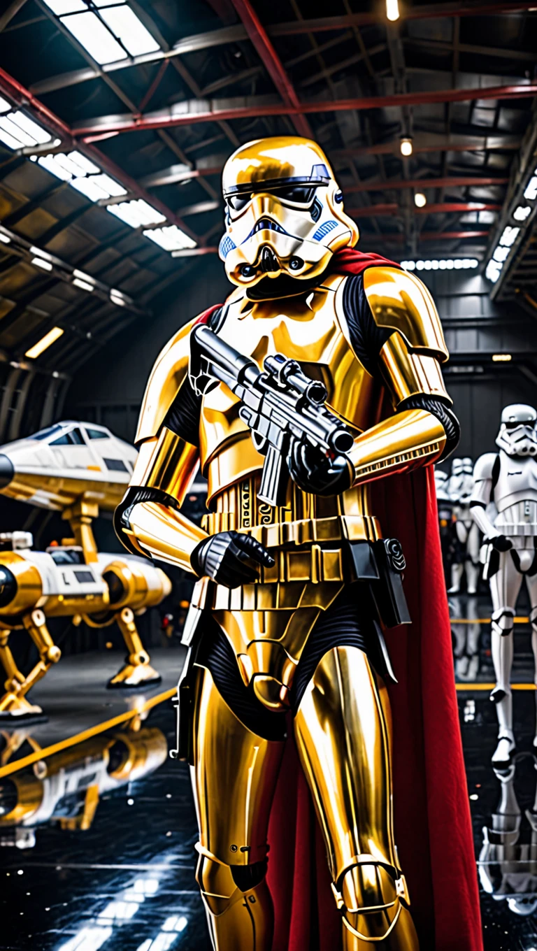 (photorealism:1.3) Gold Stormtrooper, facing camera, holding blaster, red cape covering his shoulders and back, in a ship's hangar, futuristic hangar, clean and bright, black reflective floor, random classic stormtroopers behind, tie fighters landed behind.