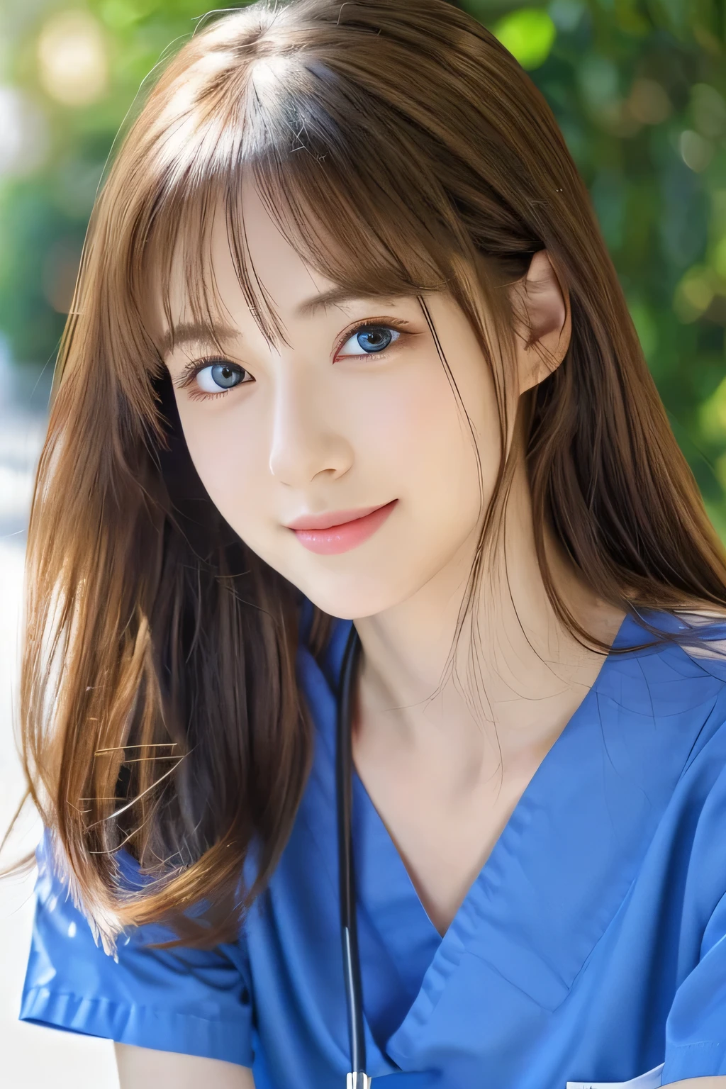 (((32k,high details,high detail、masterpiece,attention to detail,alone))),Raw photo & realistic atmosphere,beautiful dark blue eyes,detailed mouth,glossy lips,thin eyebrows,fine eyes、Soft white skin that shines in every detail、her deep black eyes are so beautiful,lip details、very beautiful face,very well-shaped face、lifelike face,shining beautiful lips,beautiful eyebrows,infinite reality, Realistic young gravure idol,she'she'she'she'she'she's a very cute woman , young gravure idol, young gravure idol, Very beautiful and cute 21 year old beautiful girl,incredibly beautiful and classy,21 year old beautiful girl,natural soft light,(shiny hair,,Beautiful and kind eyes:1.5),gentle smile,well-shaped chest,medium long hair,tie hair,beautiful posture,no makeup,think ahead,nurse,Nursery pose,nurse,Nursery pose,