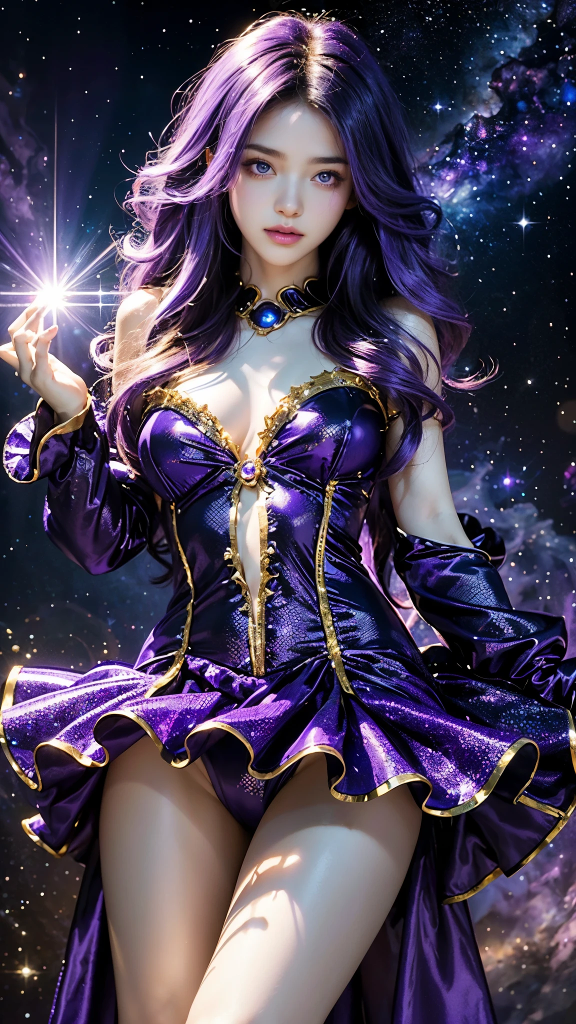 4K Ultra HD, Masterpiece, A girl with a magical aura, (good face:1.2), very Long hair, Detailed eyes, Glossy lips, ta costume, (purple costume:1.5), The aura around the body, Magical effect, Spread white light, Cosmic elements and ethereal atmosphere, A mix of bright lights and colorful nebulae, universe background, Perfect body,
