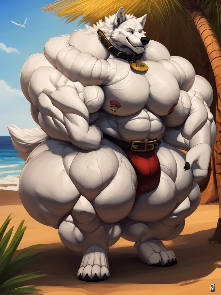 4k, high resolution, best quality, perfect lightning, perfect, solo, anthro, young, boy,white wolf:2.0, furry body, (fluffy mane:1.2), fluffy tail, male, adult, (bulky2:0, thick muscles2:0, huge muscles:2.0, hyper muscles:2.0), (thick biceps, veiny biceps, big broad veiny pecs:2.0, broad shoulders:2.0), (thick legs, thick calves:1.1), (digitigrade legs, 4 toes:1.2), perfect colors, (photorealistic fur, detailed fur, epic, masterpiece), (suggestive posing:1.2), (seductive smile, lustful grin 1.3), detailed beach, detailed wolf eyes:2.0, by k0suna, by darkgem,nipple ring,big pecs:2.0,hyper arms:2.0,veins,white body,white fur,hyper butt:2.0,hyper paws,standing,thick legs,thick butts,dog collar