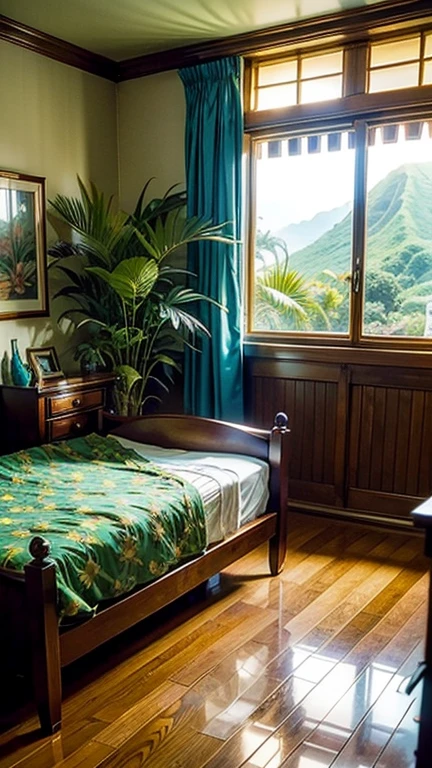 A room that belongs to a Hawaiian beauty, tropical plants, mood is warm, tropical, sensitive, soothing, artistry, happiness, caressing, emoting.
