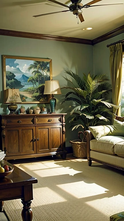 A room that belongs to a Hawaiian beauty, tropical plants, mood is warm, tropical, sensitive, soothing, artistry, happiness, caressing, emoting.
