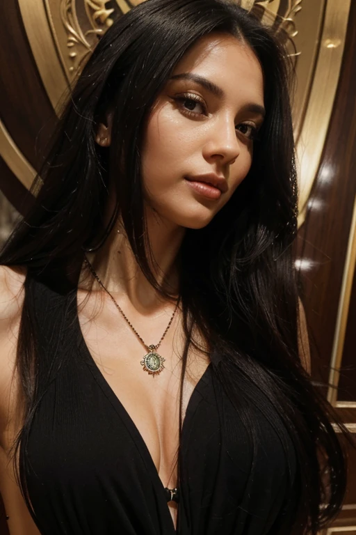 close-up, black straight long hair woman, clock on necklace, worked, elegant, meticulous, magnificent, maximum detail, extremely energetic, intricately detailed, resort background