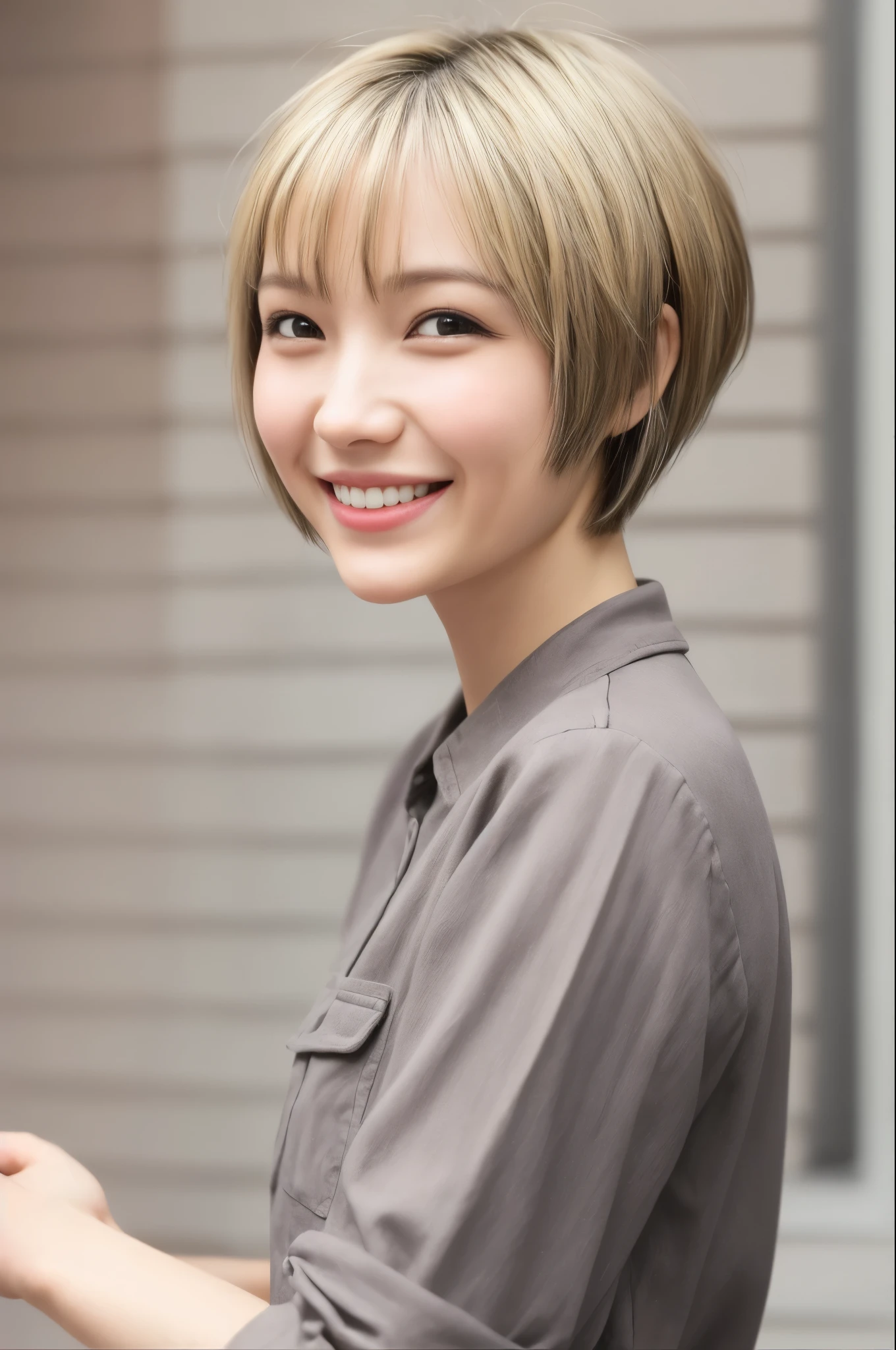 1 woman, boyish, short hair, pixie cut, smiling 