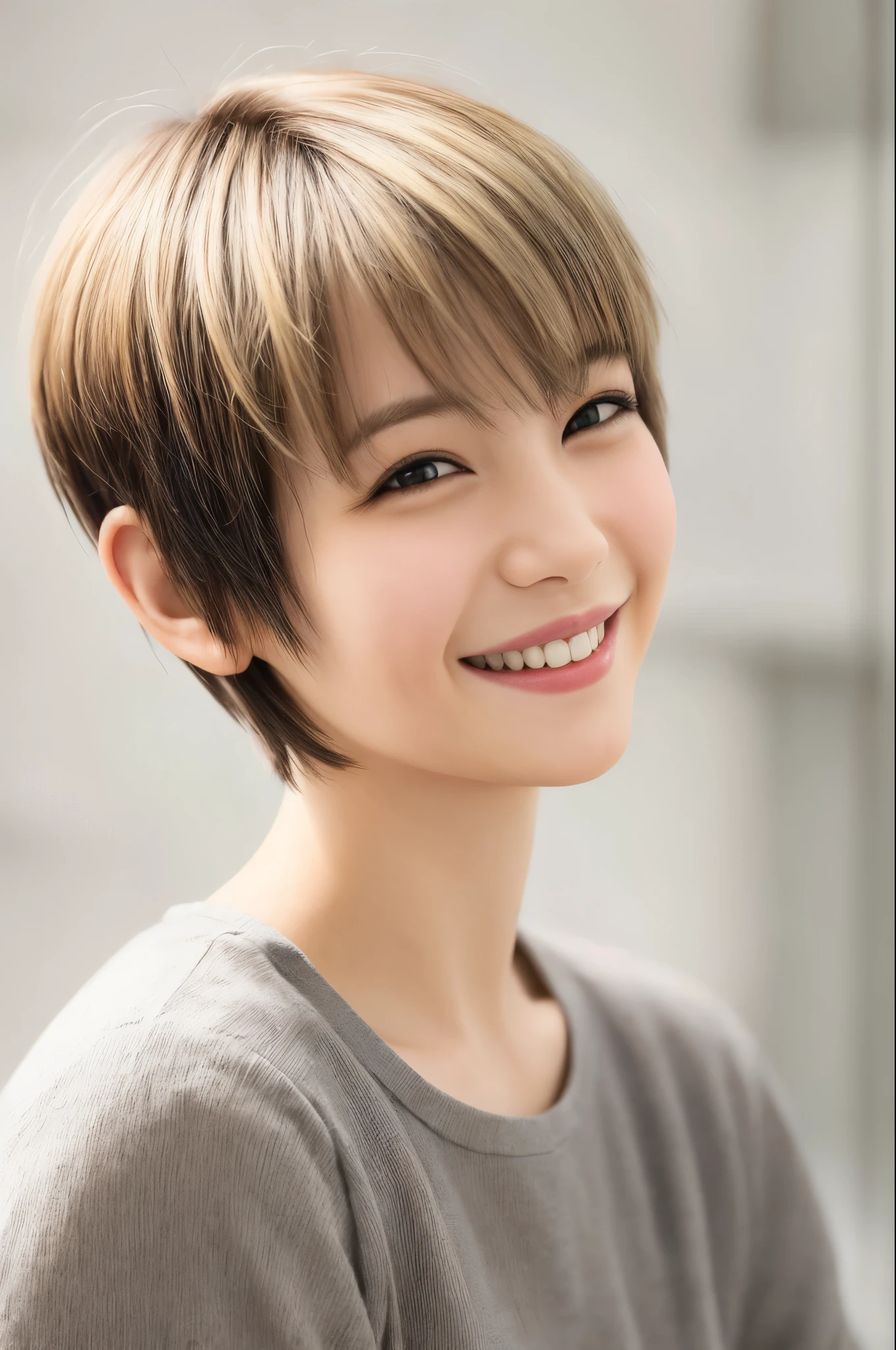 1 woman, boyish, short hair, pixie cut, smiling 