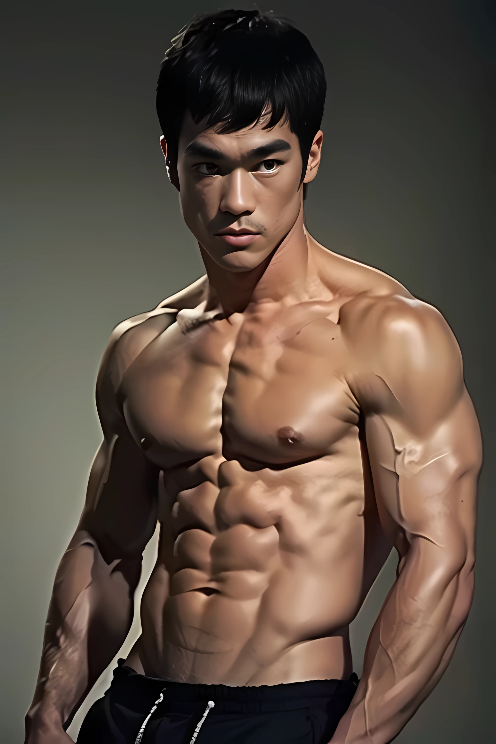 (8K, original photo, best quality),（（（Bruce Lee martial arts superstar）））,1 person,26-year-old man，street frontage，intricate details,Keep your mouth shut,Muscle male,（（（Manliness）））,look away,male focus, ((best quality)), ((masterpiece)), (detailed), Young martial arts superstar male portrait, 18 year old male model, Handsome, High, cute look, seductive eyes, dark appearance, powerful, young male, Handsome model, clean shaved, silver eyes. (Brown messy short curly hair:1.2), messy curly hair, (short hair:1.7) super strong, Muscle developed, fit, massive muscles, (topless:1.8), topless, half naked, topless, muscle, torn, Strong body, fit body, great , amazing arms, Photo shooting site, (dark background:1.1) 8K, high detailed, ultra-detailed, fashion pose, Realistic skin texture, Movie lighting for Enter the Dragon
