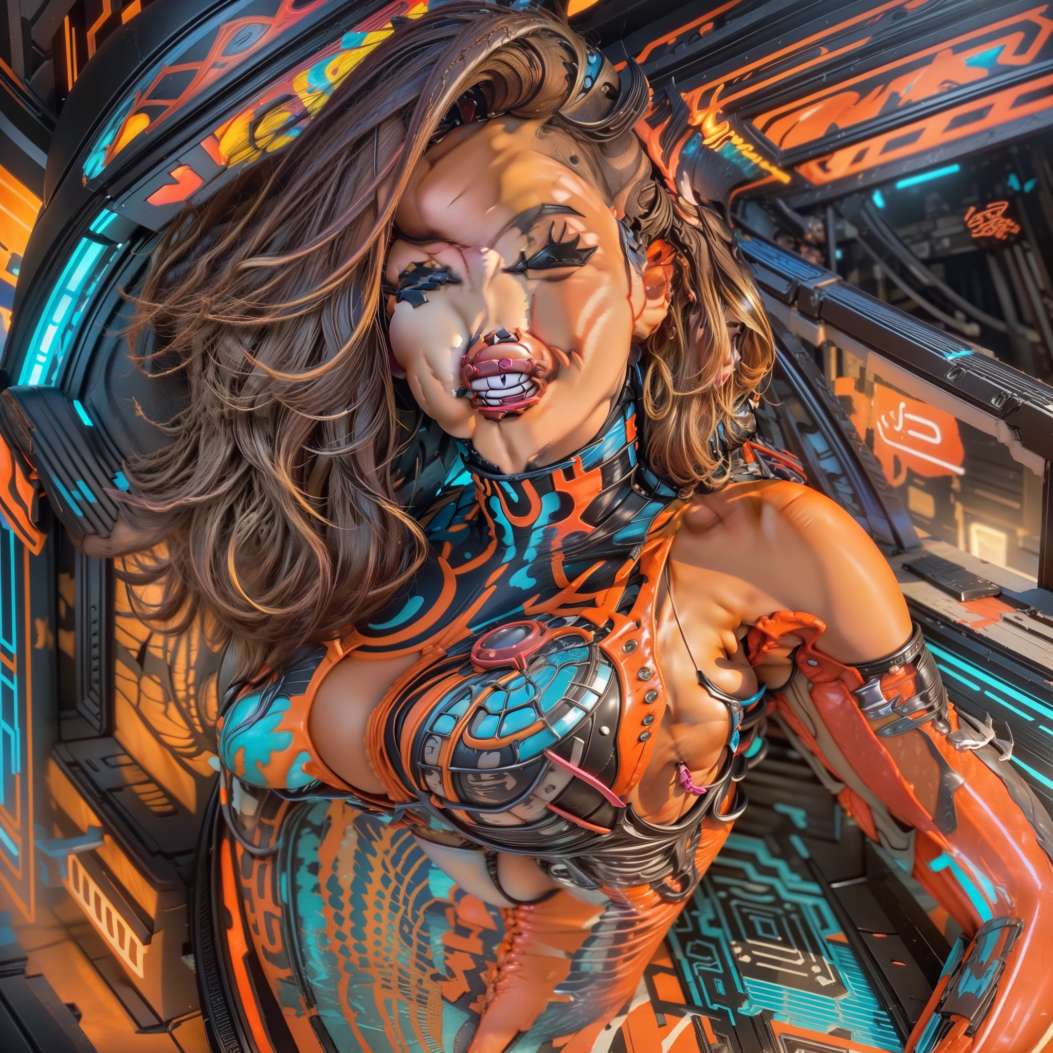 Cartoon style, 4k, FHD, work of art, ((high quality, high details):1.4), (looking away from the viewer, making a playful expression, wide smile, light tan skin, intricate details of facial features, big eyes, full lips, wide hips, vibrant colors, cheerful expression):1.2)((full body):2), {(Only one woman)}:((Wearing a futuristic jumpsuit with neon accents)), (((fitted to her body))):1.2), (((ample breasts))), (shapely legs, toned calves), (defined waist), curvaceous hips,