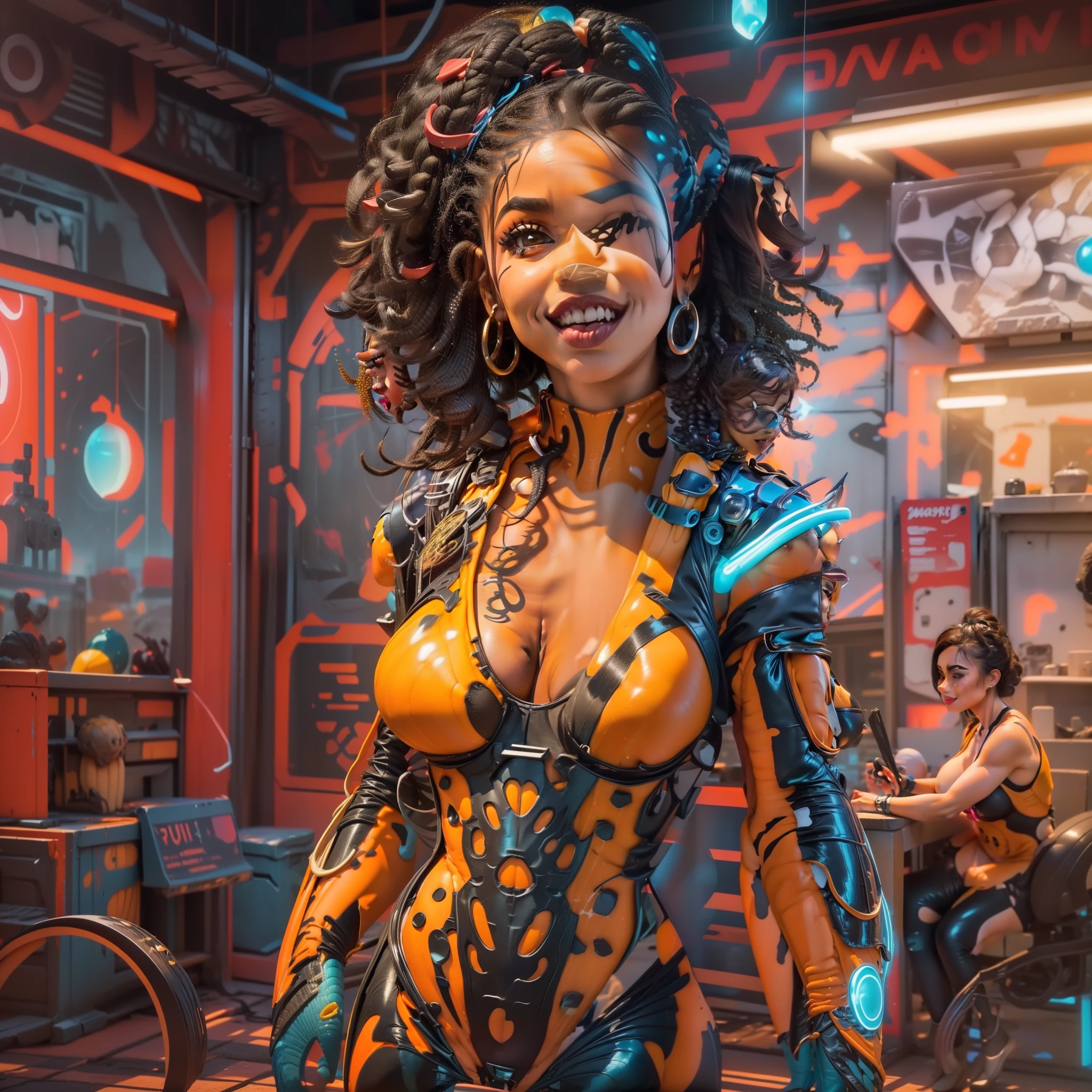 Cartoon style, 4k, FHD, work of art, ((high quality, high details):1.4), (looking away from the viewer, making a playful expression, wide smile, light tan skin, intricate details of facial features, big eyes, full lips, wide hips, vibrant colors, cheerful expression):1.2)((full body):2), {(Only one woman)}:((Wearing a futuristic jumpsuit with neon accents)), (((fitted to her body))):1.2), (((ample breasts))), (shapely legs, toned calves), (defined waist), curvaceous hips,