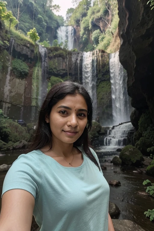 there is a woman that is taking a selfie in front of a waterfall, photo of a woman, by T. K. Padmini, nivanh chanthara, 3 0 years old woman, 30 years old woman, 3 0 years woman, photo taken in 2 0 2 0, omina tachibana, female gigachad, selfie photo